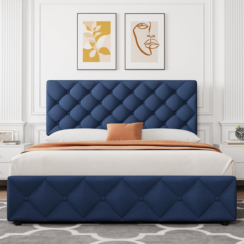 IDEALHOUSE Full Size Bed Frame with 4 Storage Drawers and Adjustable Headboard, Linen Upholstered Platform Beds, Diamond Stitched Button Tufted, No Box Spring Needed, Blue