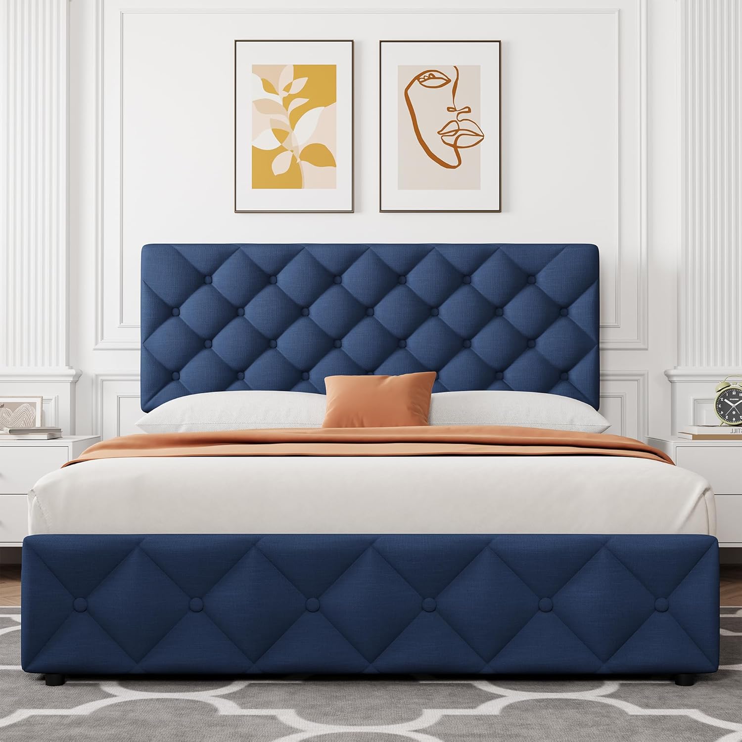 IDEALHOUSE Full Size Bed Frame with 4 Storage Drawers and Adjustable Headboard, Linen Upholstered Platform Beds, Diamond Stitched Button Tufted, No Box Spring Needed, Blue