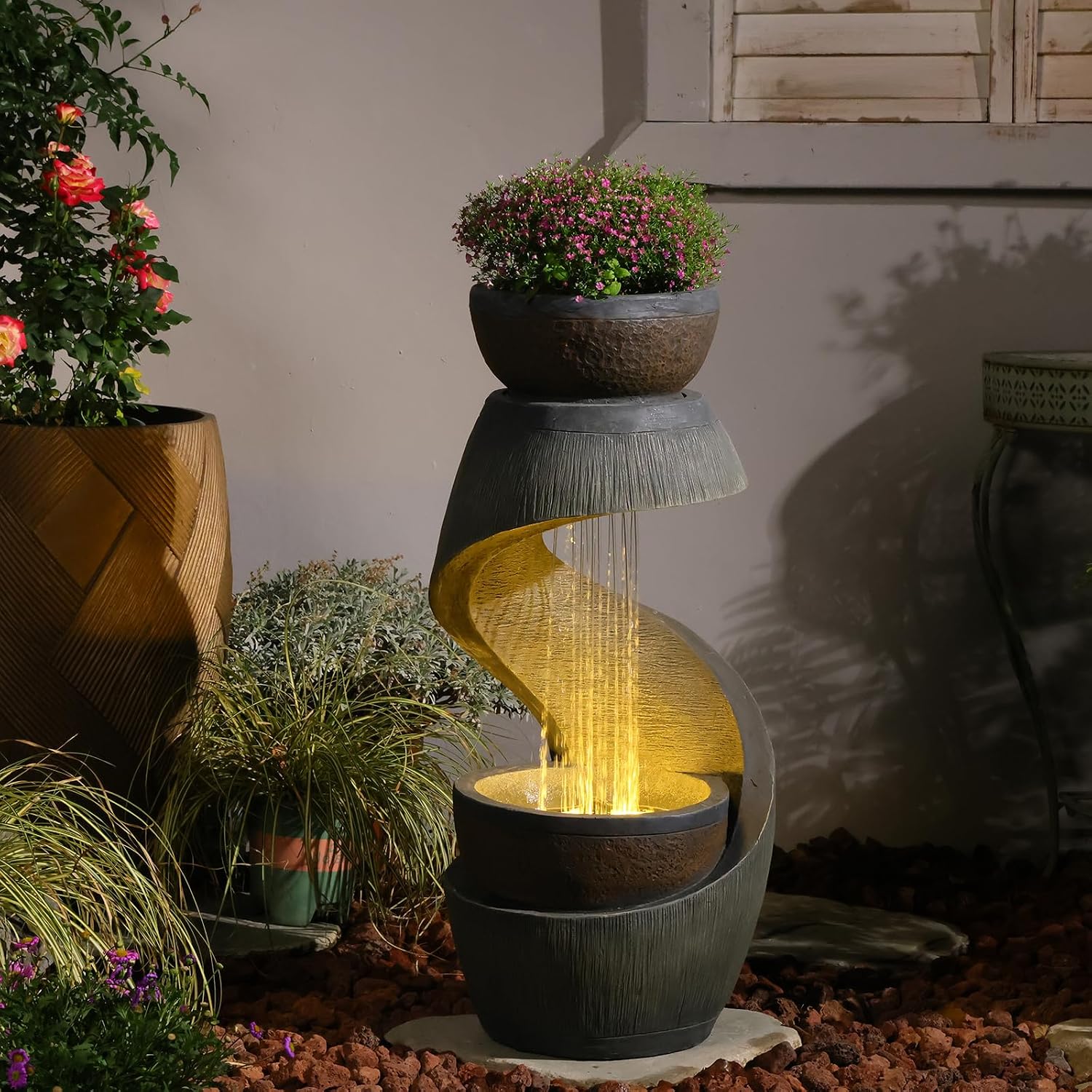 Outdoor Water Feature Patio Fountain with LED Lights, 31.9' Resin Garden Waterfall Fountain Outdoor, Modern S-Shaped Bowl Design Water Feature for Porch, Garden, Yard, Home Decor, Grey