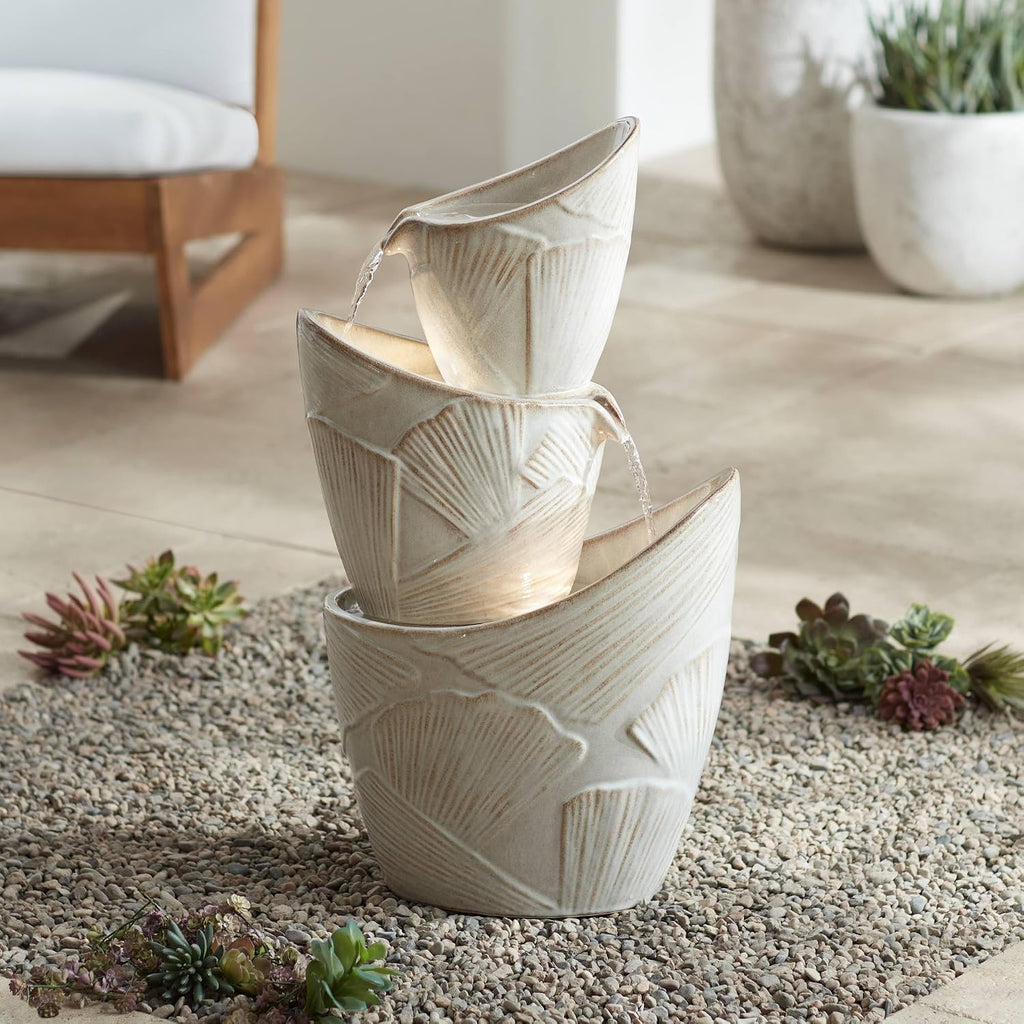 Three Urn 30' High Large Coastal Modern Indoor Outdoor Decor Faux Stone Floor Fountain with Light LED Waterfall Cascading Water Feature for Outside Garden Patio Yard Backyard - John Timberland