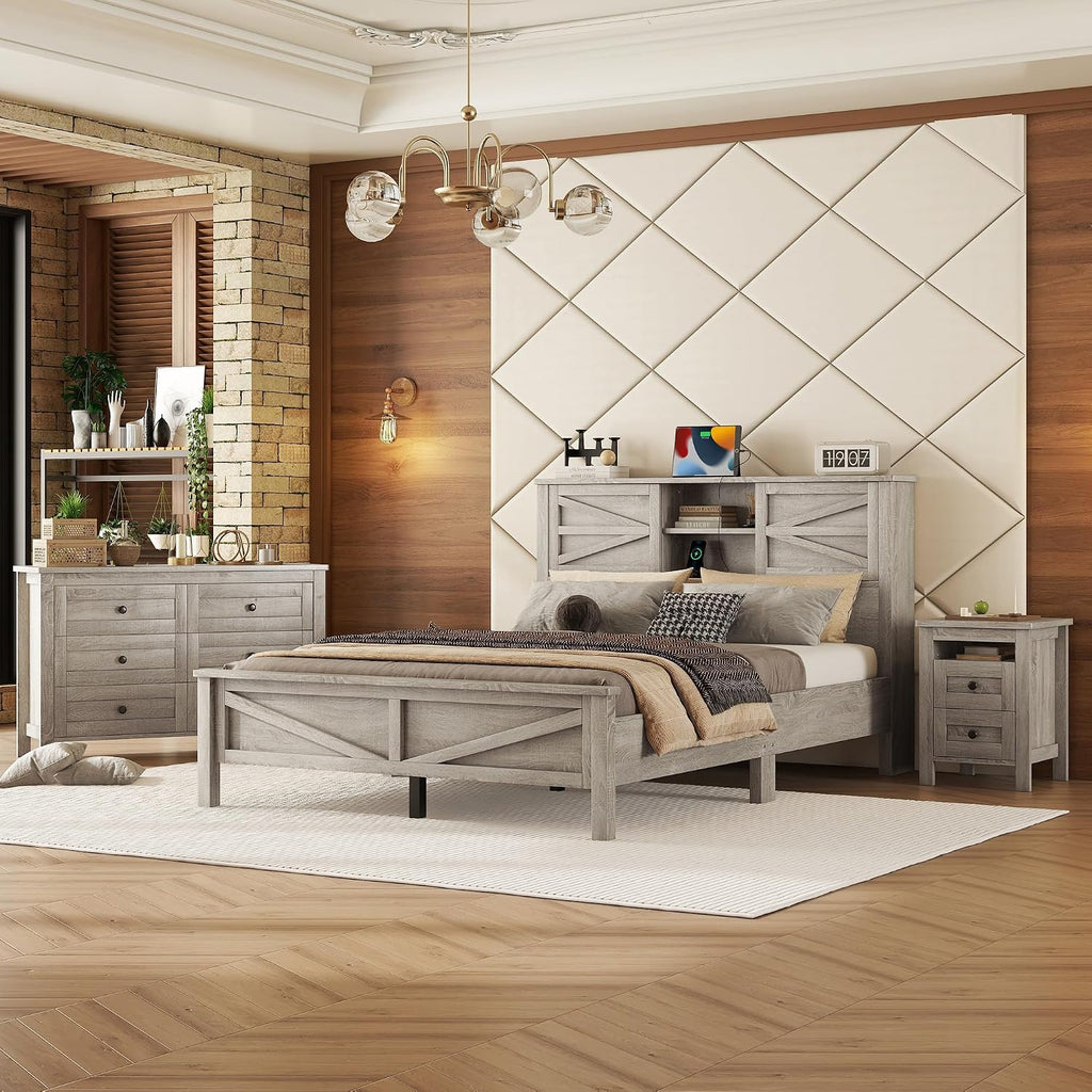 Farmhouse Bedroom Set 3 Pieces, Queen Size Wood Platform Bed Frame, Nightstand and Dressing Table, Queen Bedframe with Double Sliding Door Headboard and Charging Station (Antique Gray, Queen)