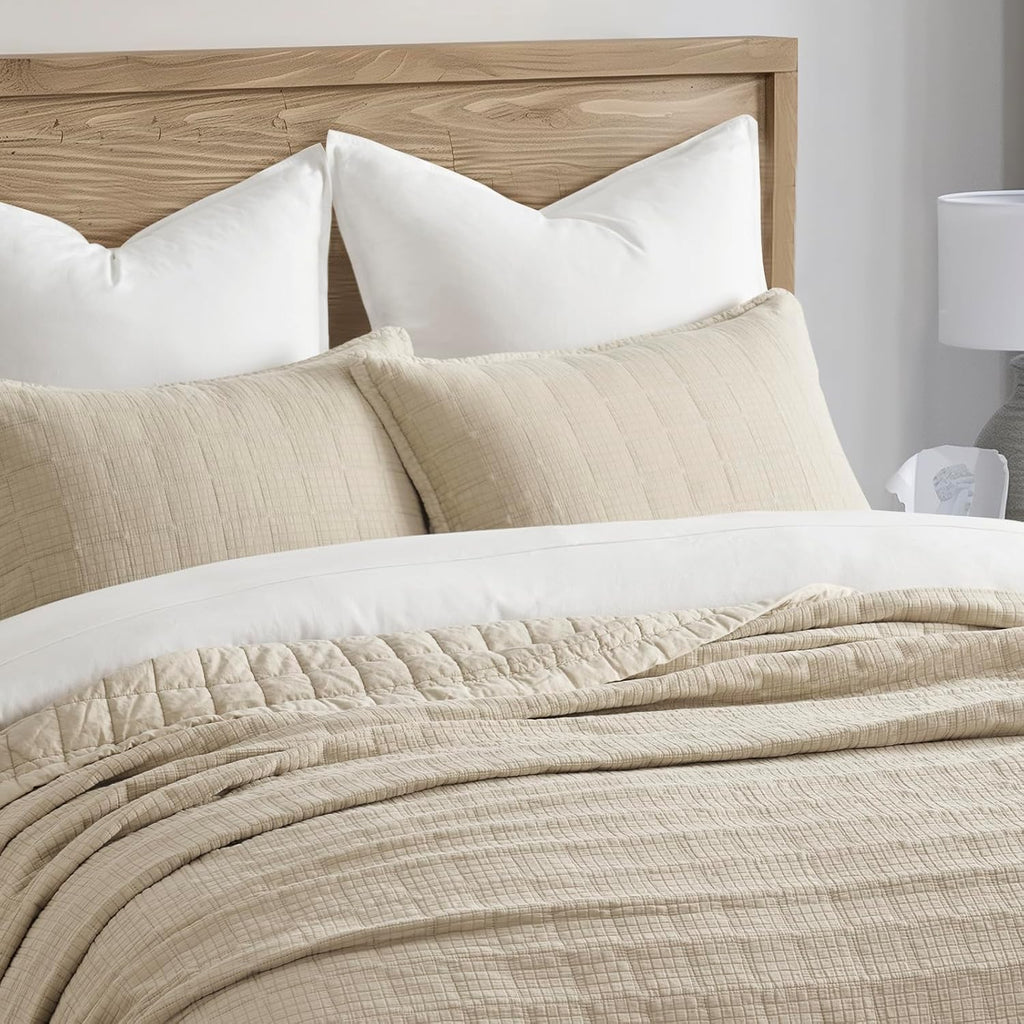 EVERGRACEHOME Stonewashed Cotton Quilt Set King Size, Ultra Soft Oversized Bedspread Coverlet Set, Lightweight Crinkle Box Stitch Bedding Sets for All Season, with 2 Shams, Flax Beige