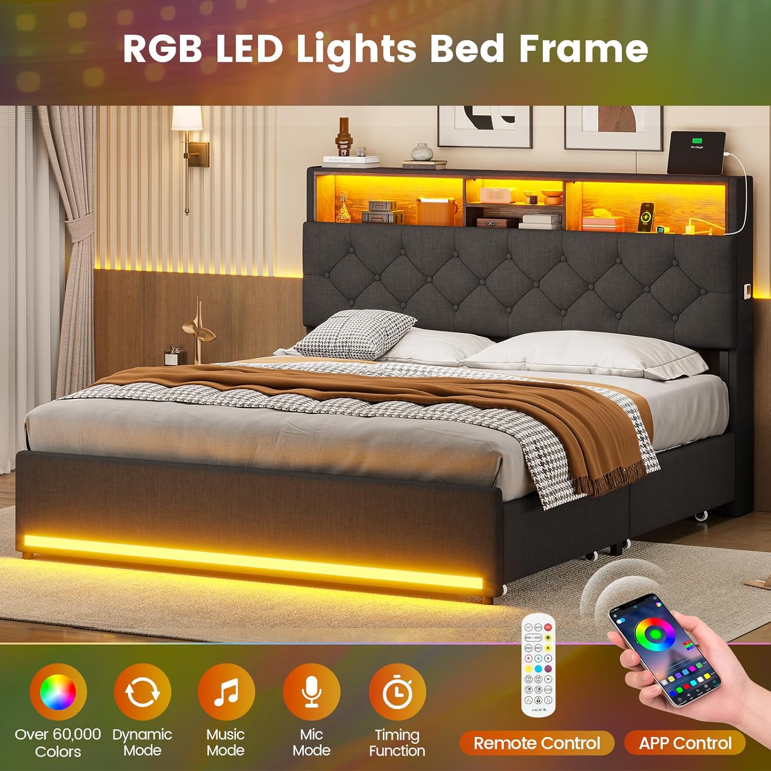 BTHFST Queen Bed Frame with Hidden Storage Headboard & 4 Drawers, LED Bed Frame Queen Size with Charging Station, Upholstered Metal Bed, No Box Spring Needed, Dark Grey