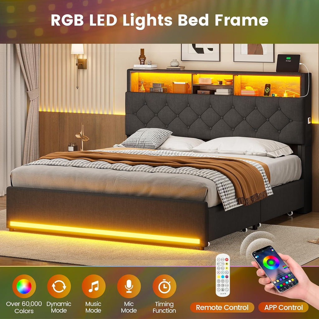 BTHFST Full Size Bed Frame with 4 Drawers & Charging Station, LED Bed Frame Full Size with Hidden Storage Headboard, Upholstered Metal Bed Full, No Box Spring Needed, Dark Grey