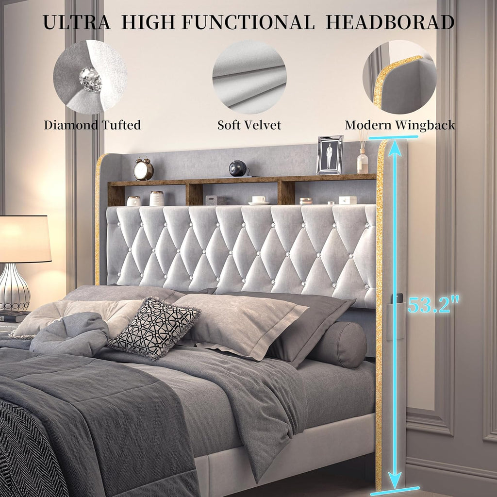 SIBEDS Queen LED Bed Frame with Storage Drawers, Velvet Upholstered Platform Beds with Galaxy Star Projector Charging Station, Aurora Bedframe with 2-Tier Storage Headboard, No Box Spring Needed, Grey