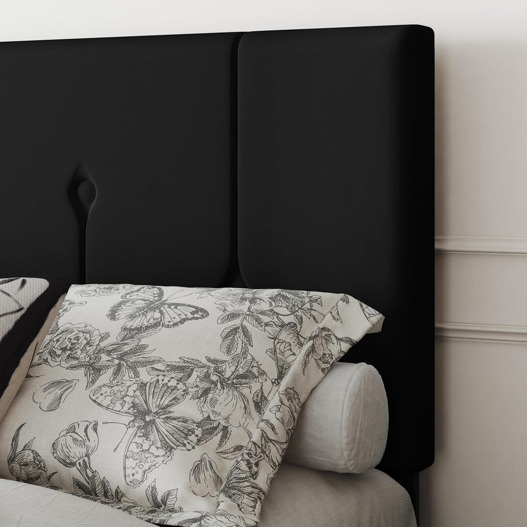 IOILORI Queen Size Bed Frame Platform with Velvet Upholstered Headboard, Sturdy Wooden Slats, No Spring Box, No Noise, Easy to Assemble, Light Grey Bedframe with Strong Wooden Slats, Black