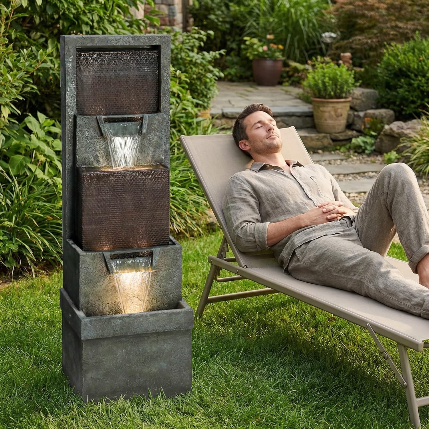 Hamiedun 39.3'H Outdoor Garden Waterfall Fountain-Indoor Water Fountain with LED Lights, for Gardens, Landscaping, Patios, Balconies, Office,and Lawns for a Calming Oasis in Outdoor Living Art Decor