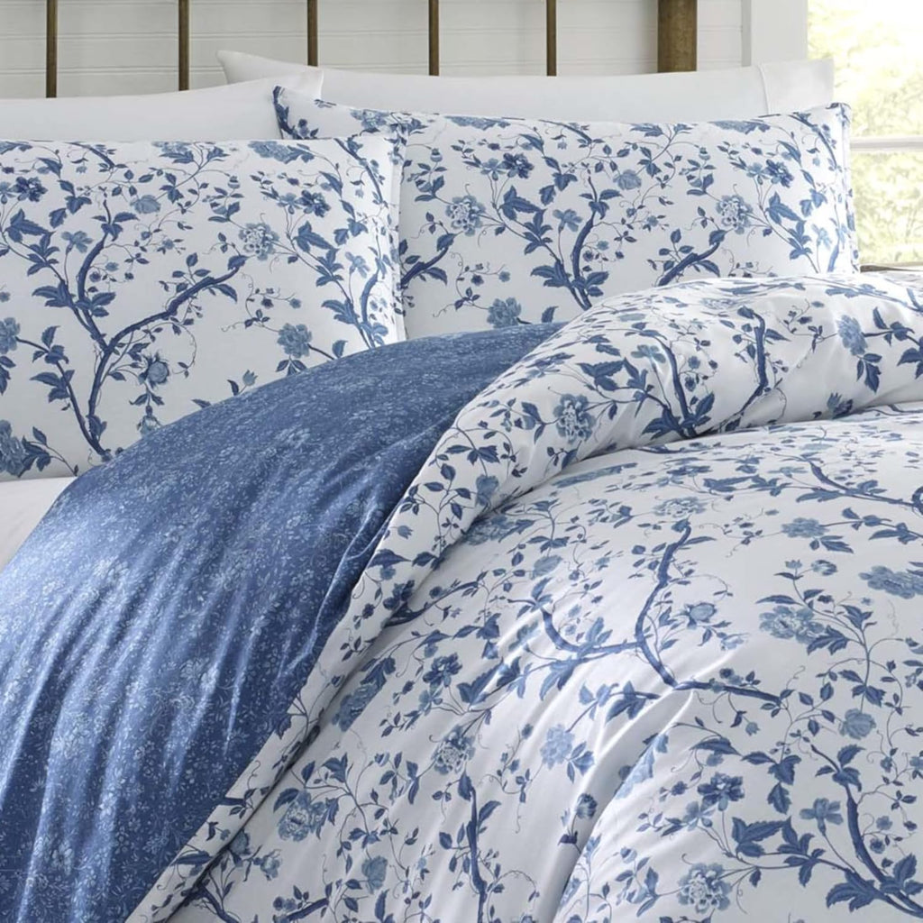 Laura Ashley Home - Twin Comforter Set, Reversible Cotton Bedding, Includes Matching Sham with Bonus Euro Sham & Throw Pillows (Elise Blue, Twin)