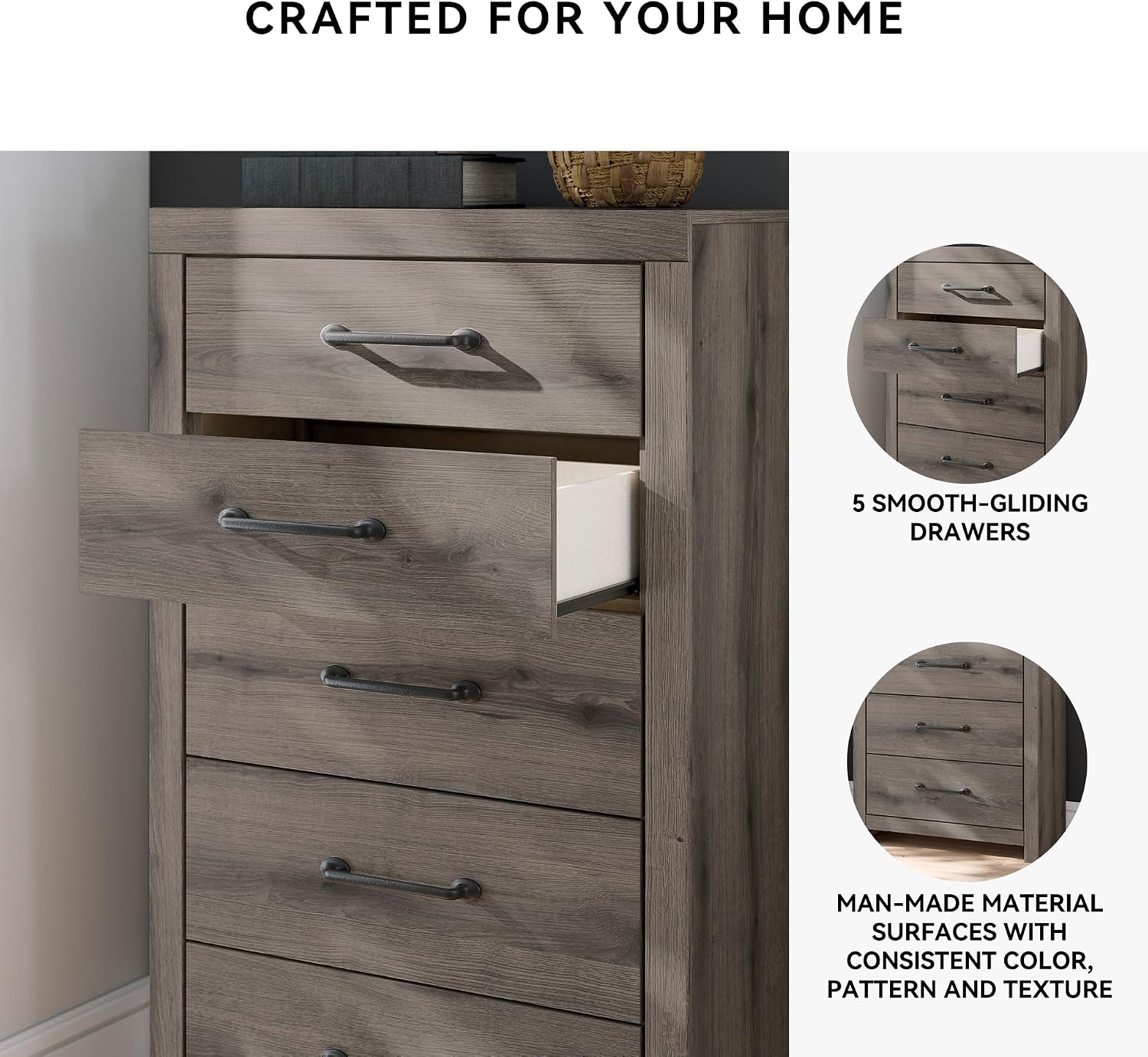 Signature Design by Ashley Urbanoore Rustic 5-Drawer Chest of Drawers with Safety Stop, Gray