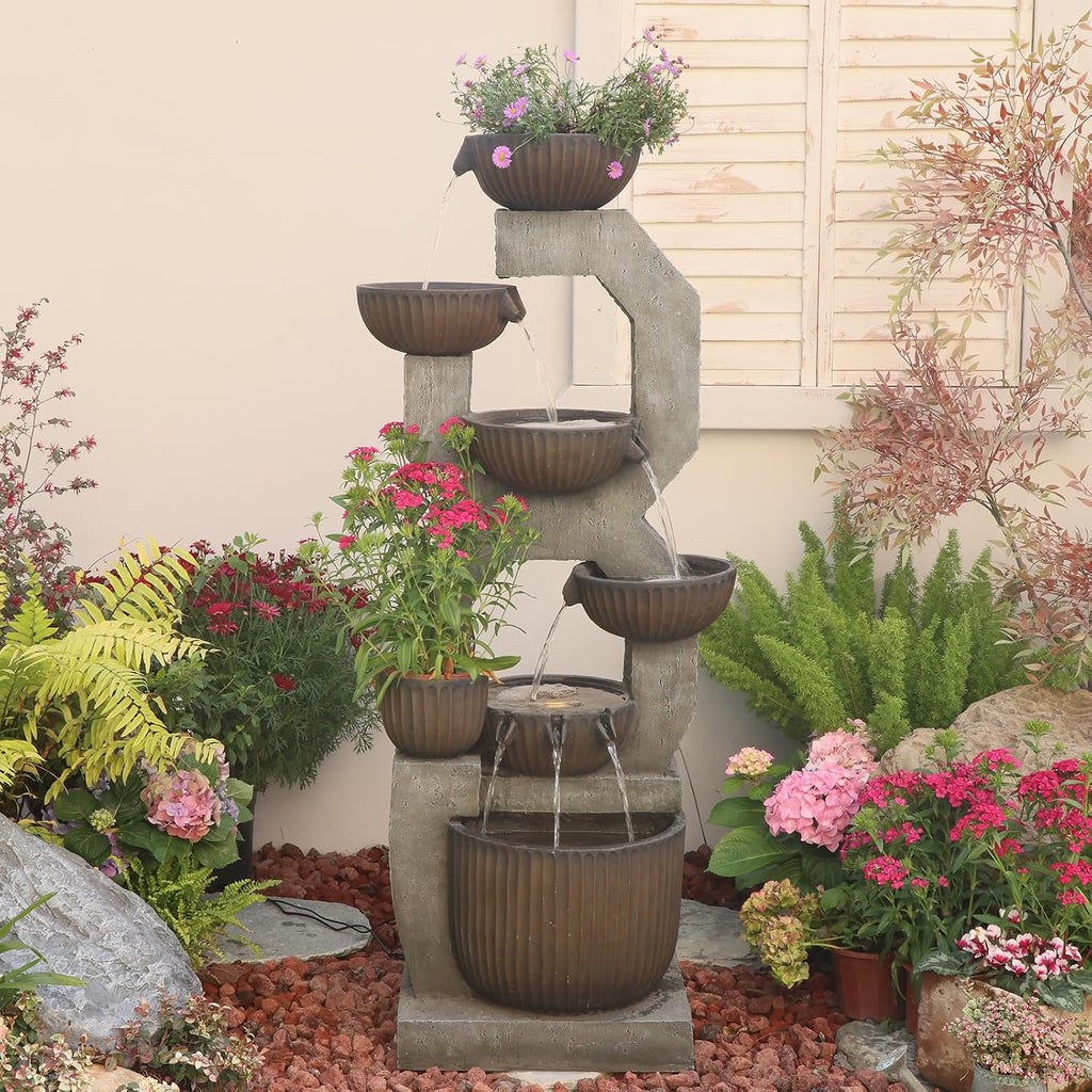 Bumilgar 57'' H Tall Large Outdoor Water Fountain with Planter, 6-Tier Cascading Bowl Water Fountain with LED Lights, Resin Garden Water Feature for Patio, Backyard, Deck, Porch and Yard Décor