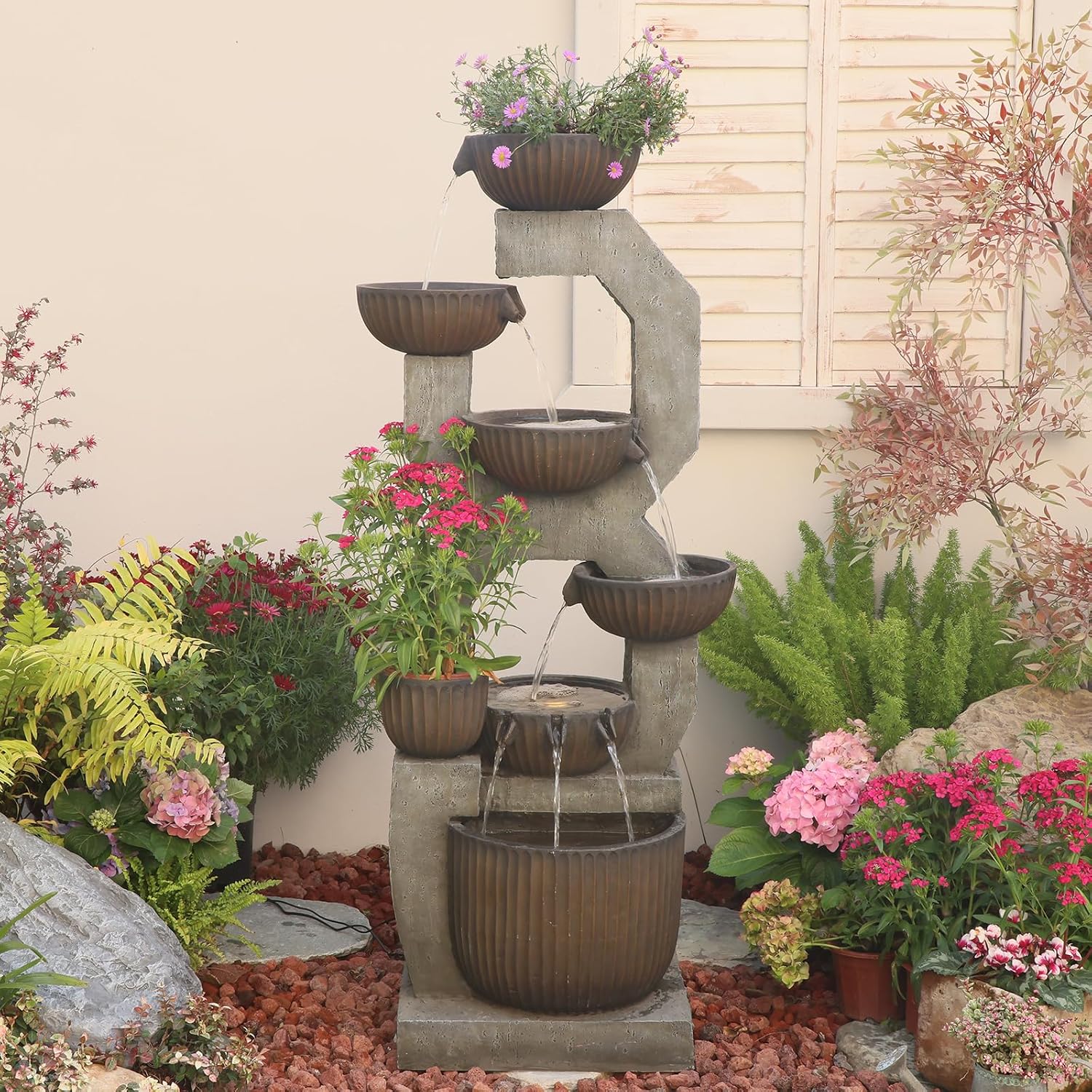 Bumilgar 57'' H Tall Large Outdoor Water Fountain with Planter, 6-Tier Cascading Bowl Water Fountain with LED Lights, Resin Garden Water Feature for Patio, Backyard, Deck, Porch and Yard Décor