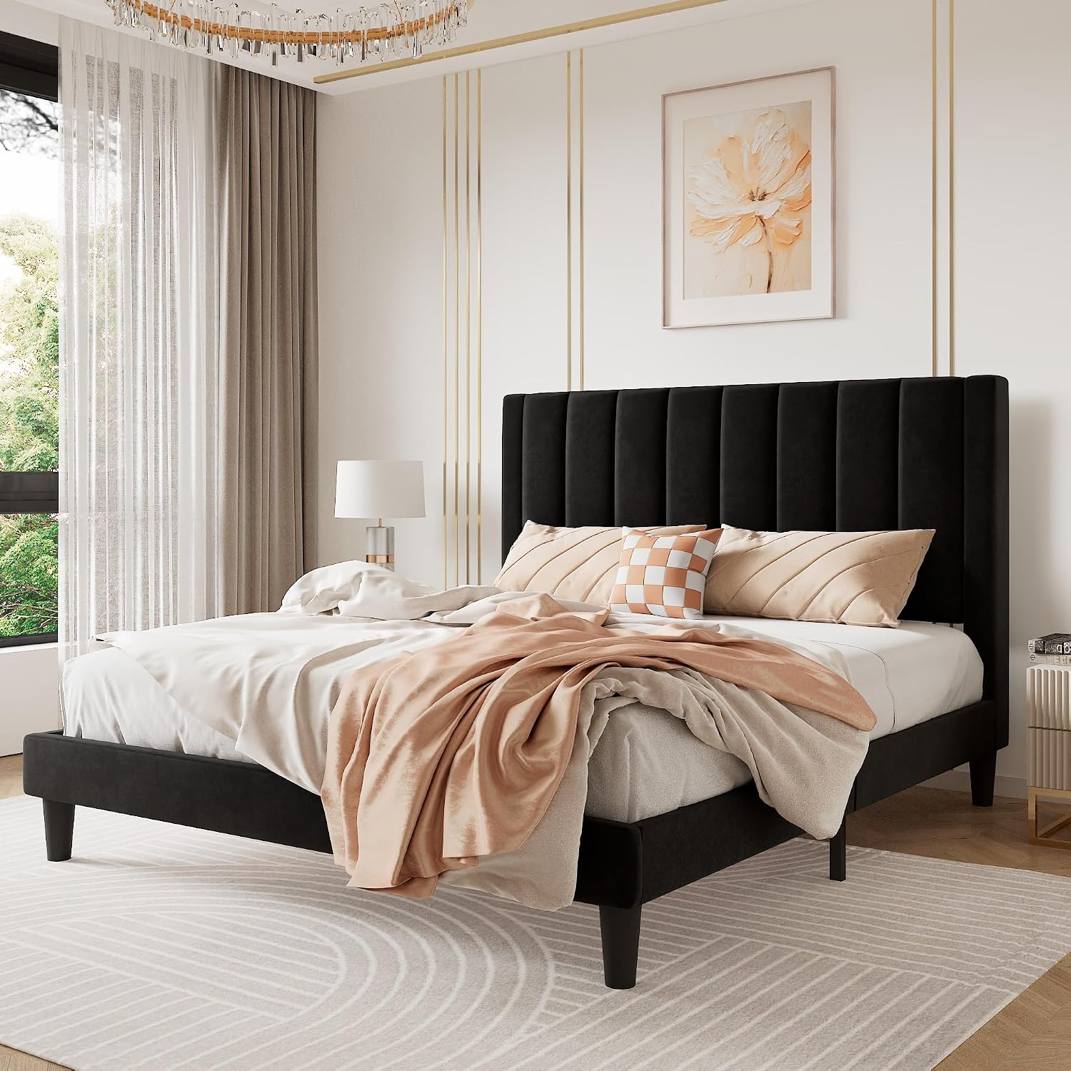 SHA CERLIN Queen Bed Frame/Velvet Upholstered Platform Bed Frame with Headboard/Strong Wood Slats Support/Mattress Foundation/No Box Spring Needed - Black