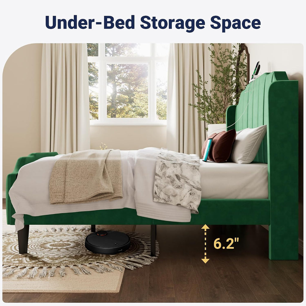 Allewie Vintage Queen Size Velvet Platform Bed Frame with Curved Vertical Tufted Wingback Headboard and Footboard, Charging Station, Easy Assembly, Under Bed Storage, No Box Spring Required, Green
