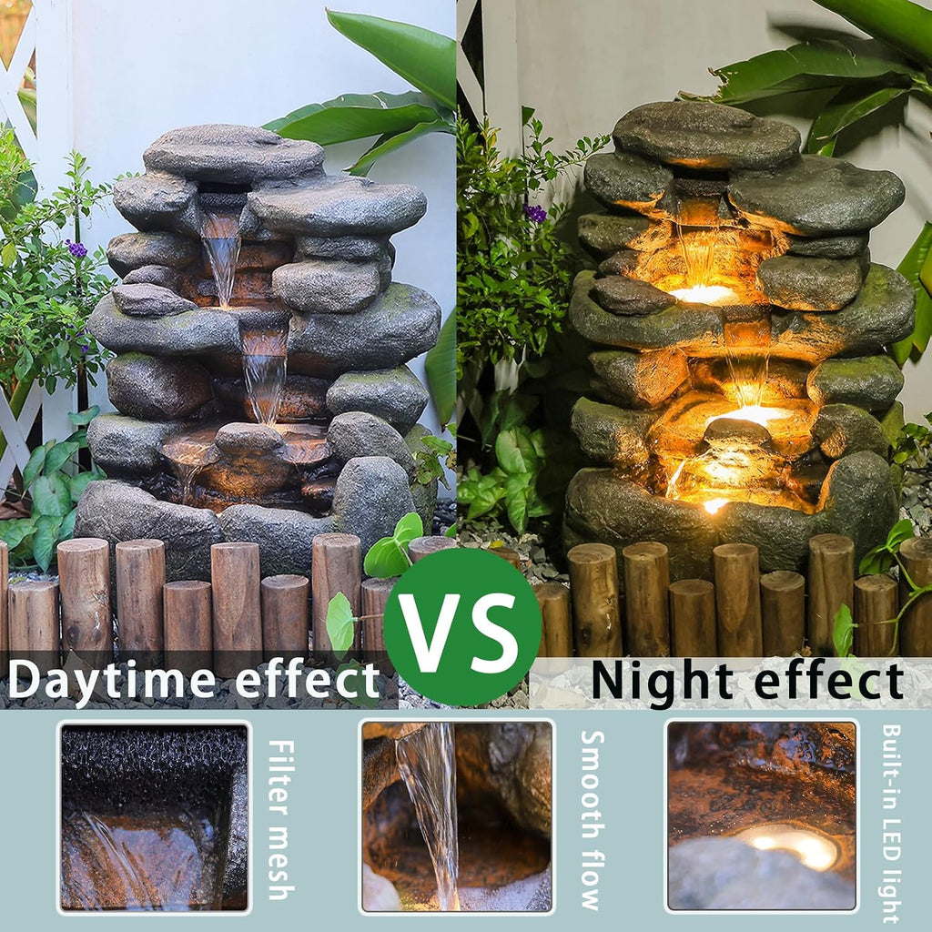 Bumilgar 23.4' H Garden Outdoor Rock Water Fountain with LED Lights, 4-Tier Cascading Waterfall Fountain, Faux Stone Resin Water Feature for Patio, Backyard & Home Decor