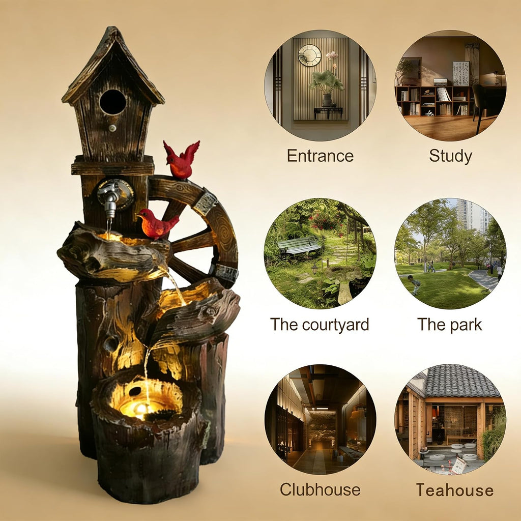 3-Tier Bird Fountain with LED Light - Solar & Adapter Dual Power Option, 38.2 Inch Outdoor Water Feature for Garden & Yard