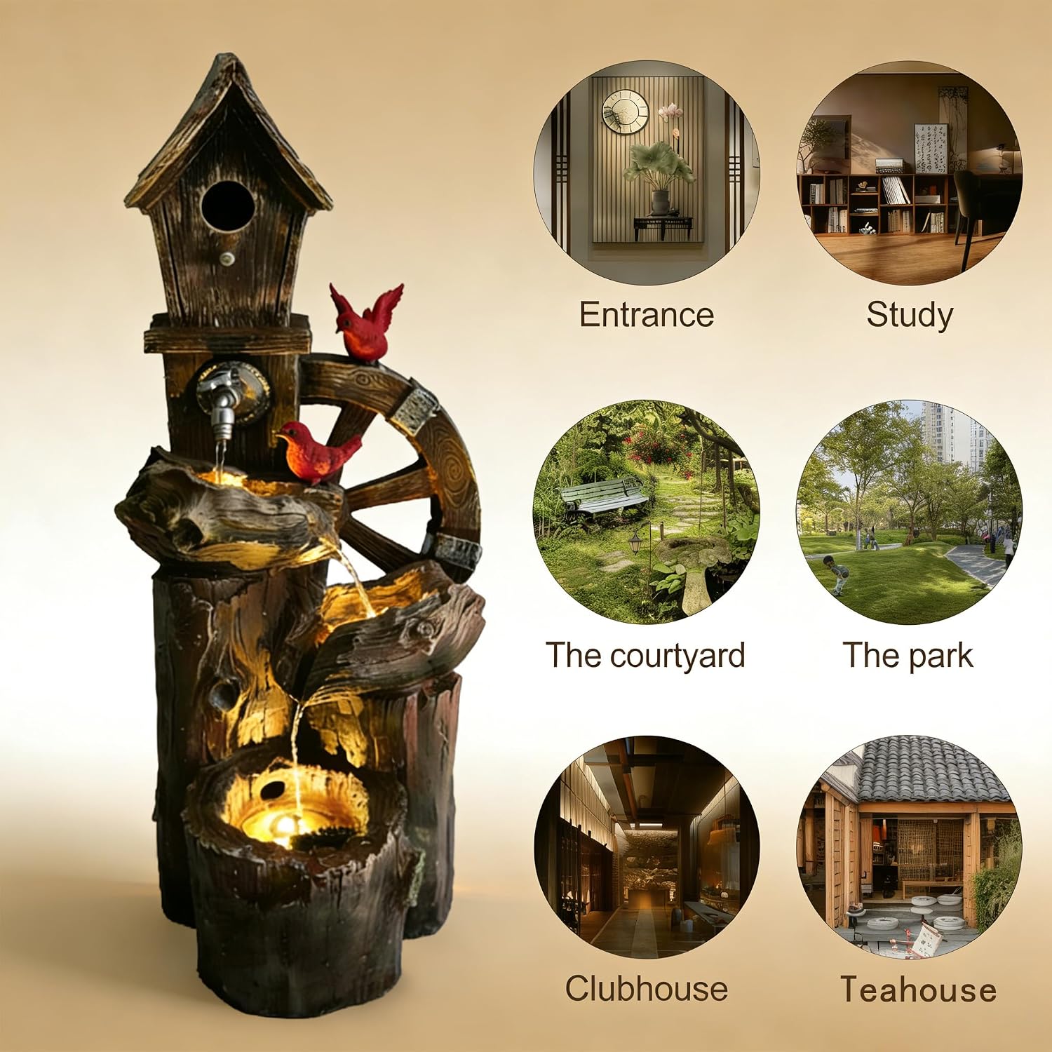 3-Tier Bird Fountain with LED Light - Solar & Adapter Dual Power Option, 38.2 Inch Outdoor Water Feature for Garden & Yard