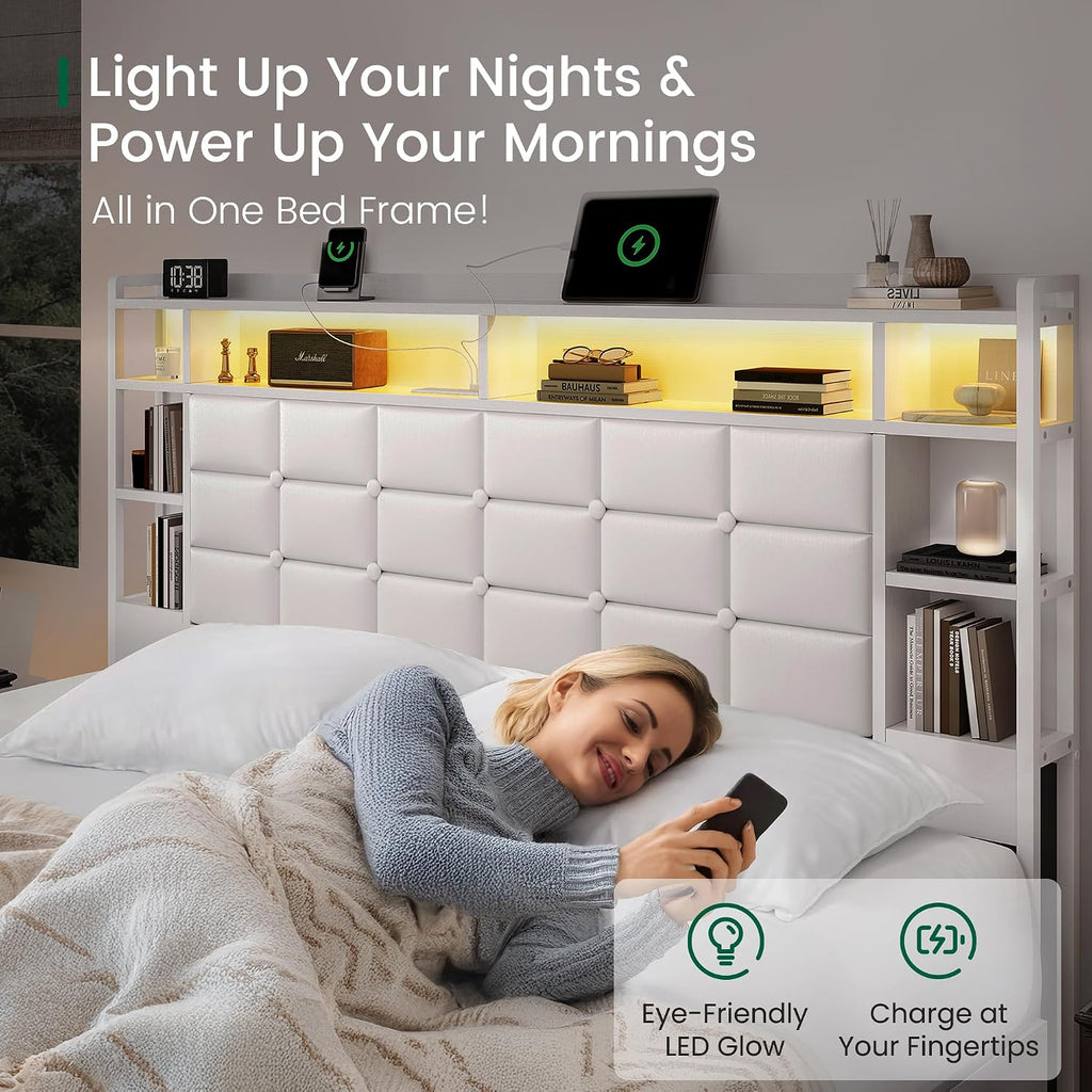 LARMACE Queen Size Bed Frame with 4 Storage Drawers and Bookcase Headboard, Faux Leather Upholstered, Wooden Platform Bed Frame with Charging Station and LED Lights, No Box Spring Needed, White