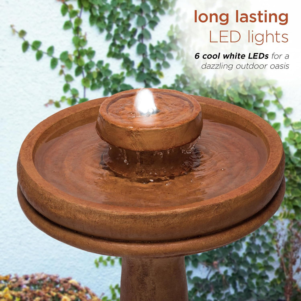 Alpine Corporation TZL202 Outdoor Floor Vintage Pedestal Water Fountain with Bird Bath and LED Lights, 29', Brown