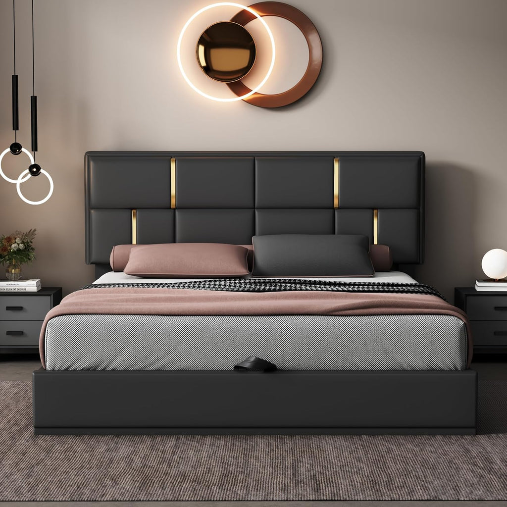 Queen Size Lift Up Storage Bed Frame, PU Leather Upholstered Platform Bed with Hydraulic Storage System and Wooden Slats Support, No Box Spring Needed - Black