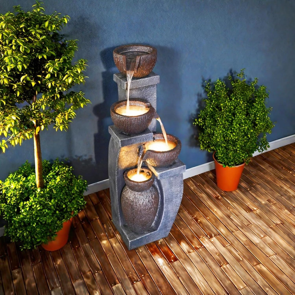 Outdoor Garden Water Fountain for Garden Patio Backyard Deck Porch and Home Art Decor 4 Tiers Modern Cascading Outdoor Fountains with Lights 37.4'H