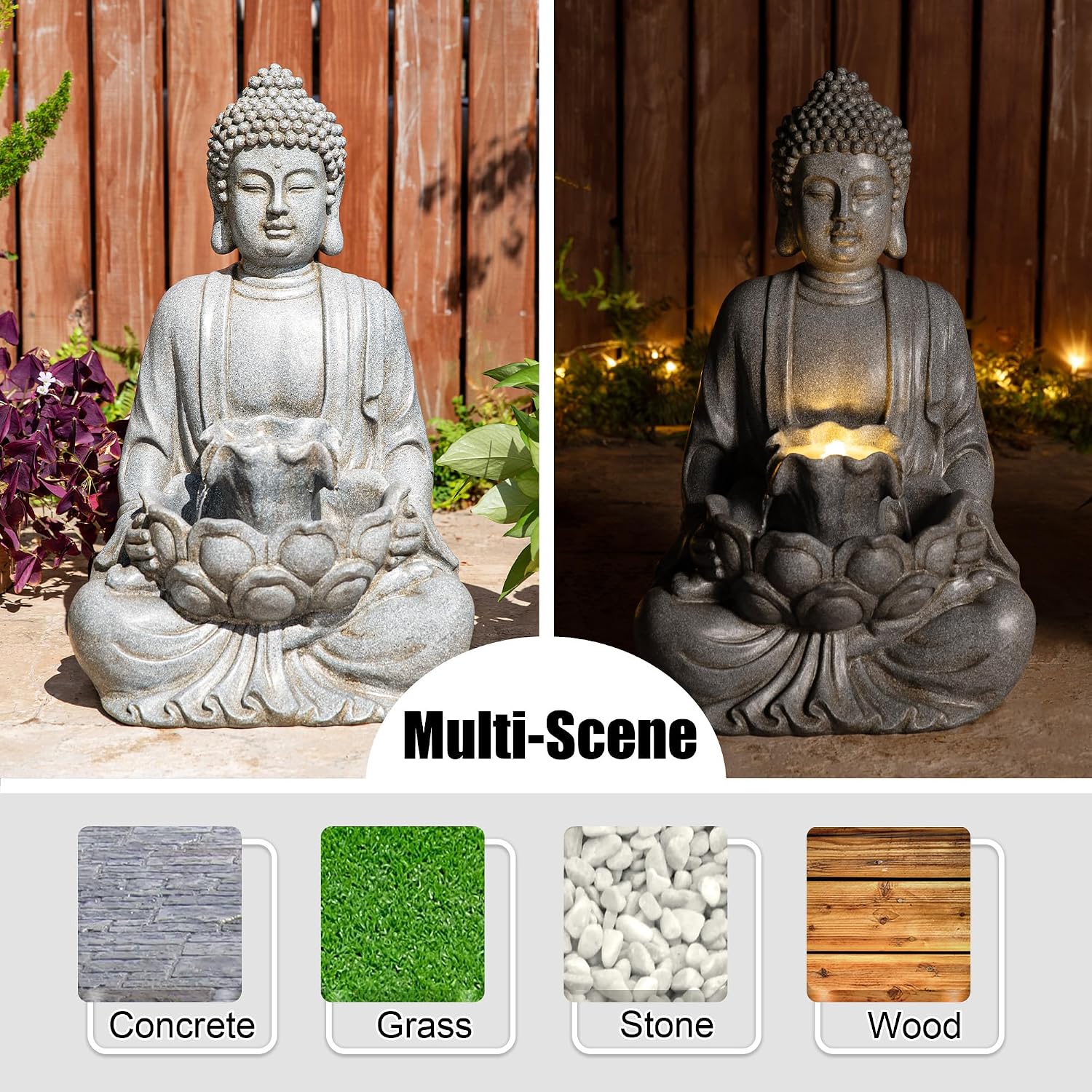 Glitzhome Buddha Fountain Outdoor with Pump & LED Light 23.25' H, 2-Tier Zen Style Concrete Meditating Buddha Statues Water Fountains Floor Fountains Buddhas Sculpture for Garden Patio Backyard