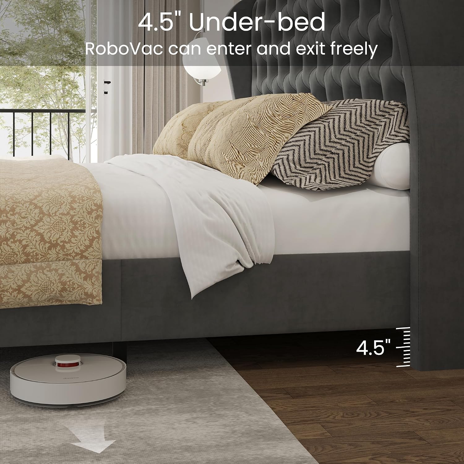 LARMACE Queen Size Bed Frame Velvet Upholstered Platform Bed with Wingback Headboard & Footbaord, Deep Button Tufted Bed Frame with Wood Slats Support, No Box Spring Needed, Grey