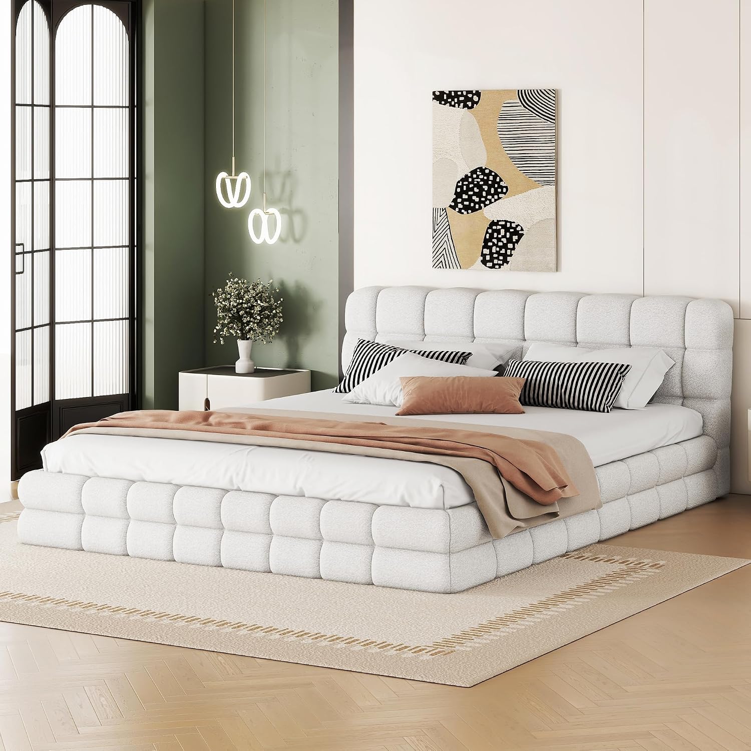 Ball & Cast Queen Size Low Bed Frame with Soft Fleece Headboard, Grounded Floor Platform Bed with Wood Slats Support for Kids Teens Adults,No Box Spring Needed,Easy Assembly,White