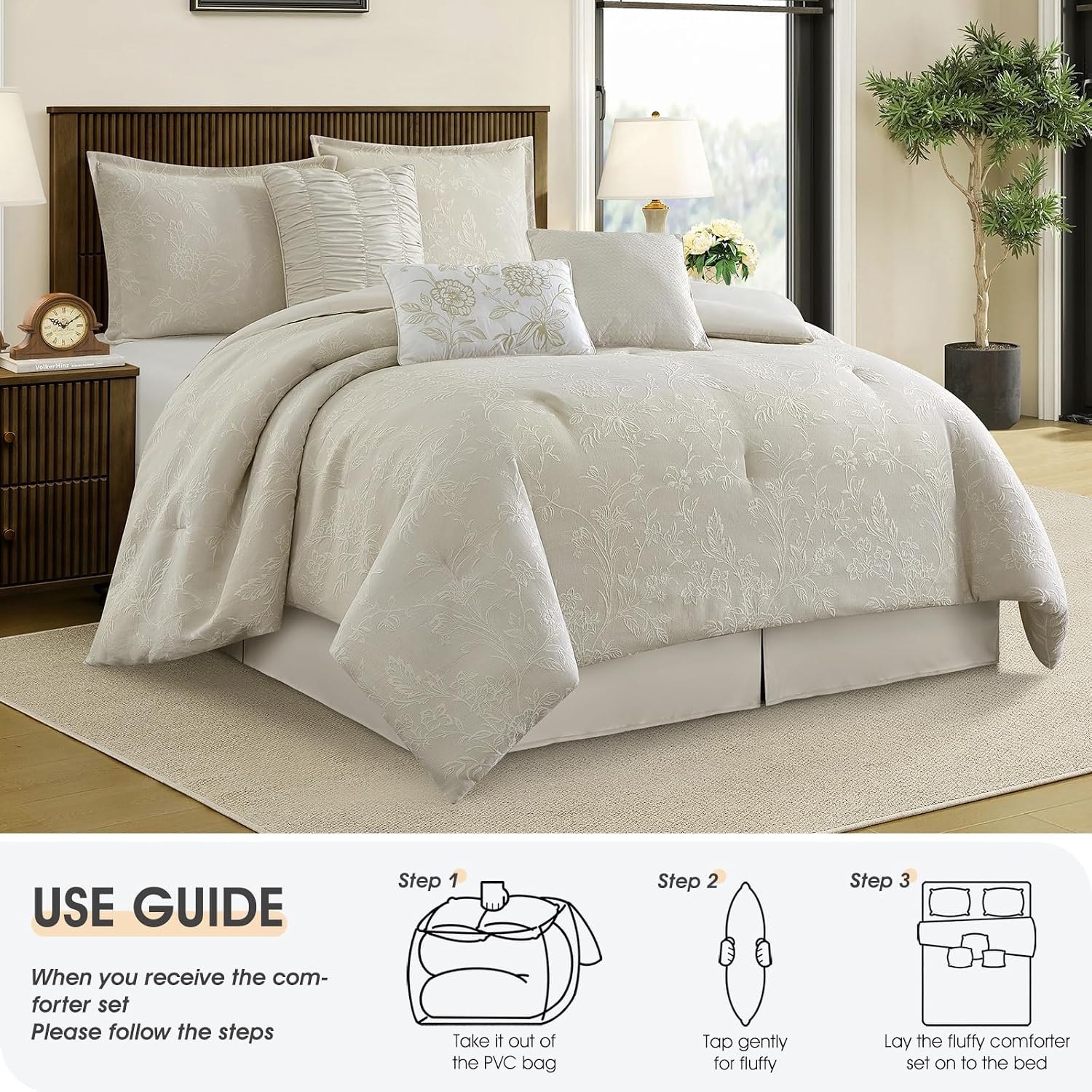 LANCO MODERN LIFESTYLE 7 Piece Beige Comforter Set, Queen, Cotton Fabric Jacquard Patchwork Floral, Year-Round Comfort Bed in a Bag with Bed Skirt, Shams & Decorative Pillows