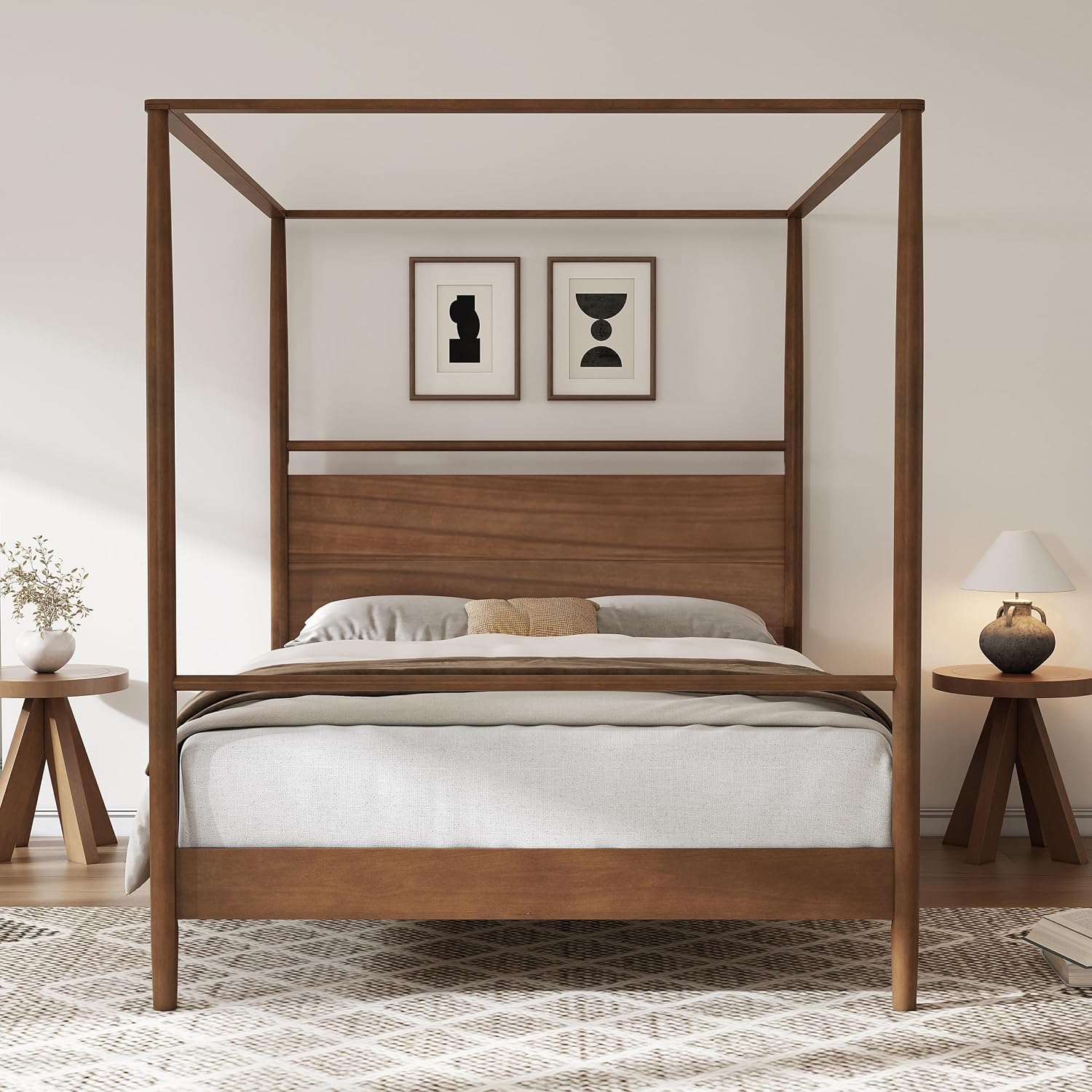 Full Size Canopy Bed Frame with Headboard, Four-Poster Wood Platform Bed, No Box Spring Needed (Full)
