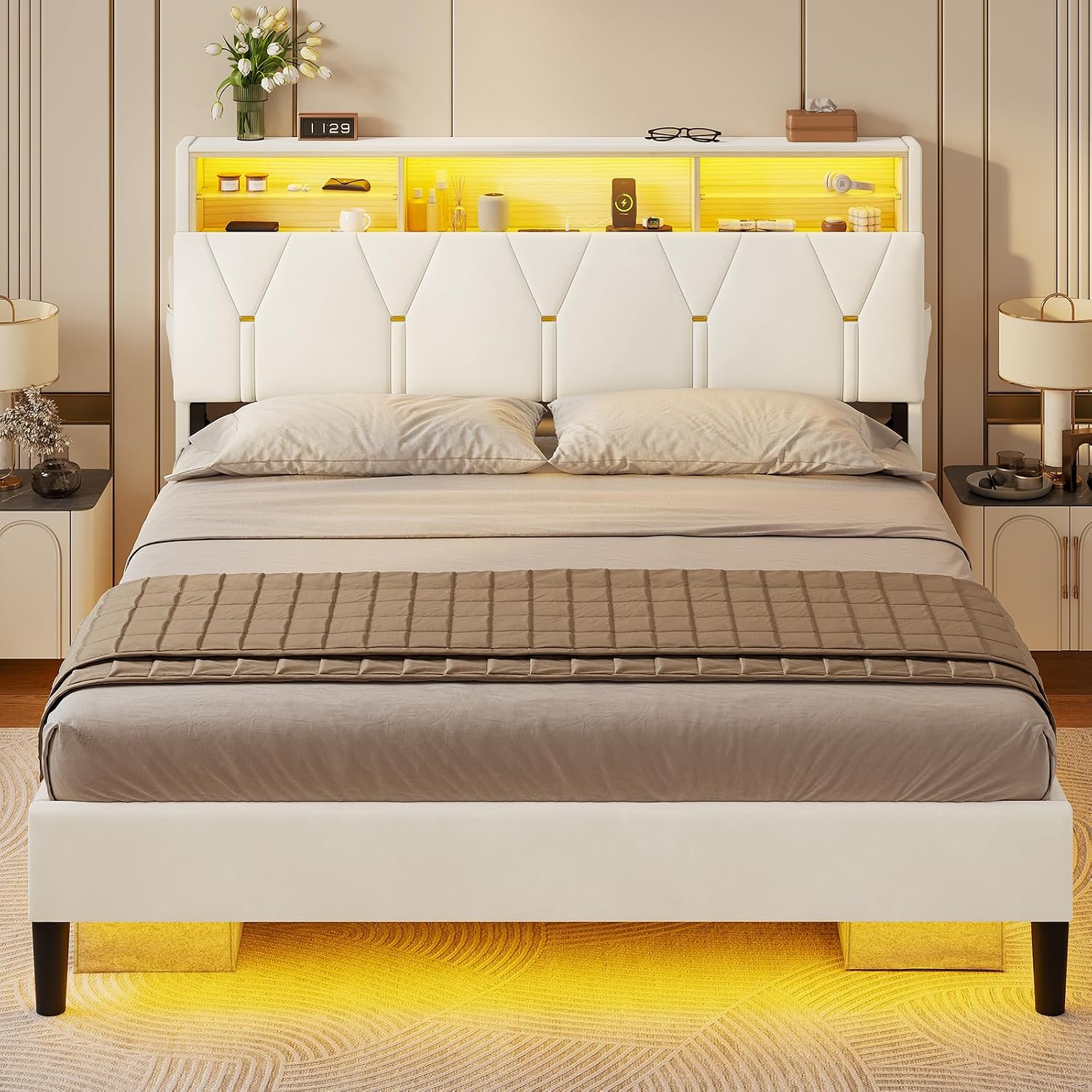 HAUOMS Queen Bed Frame with Storage Headboard and RGB LED Lights, Velet Upholstered Platform Bed Frame Queen Size with Type-C & USB Charging Station, Stable Easy Assembly,Creamy White