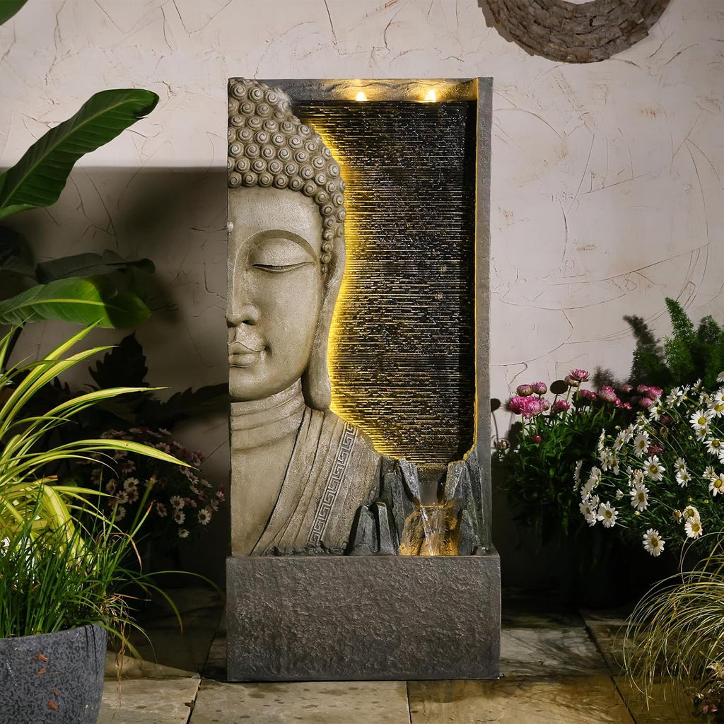 Tankana 47.5' Buddha Water Fountain Outdoor with LED Lights, Large Zen Garden Waterfall Feature with Double Bubblers and Stream, Resin Statue for Patio, Yard, Porch, Meditation Decor