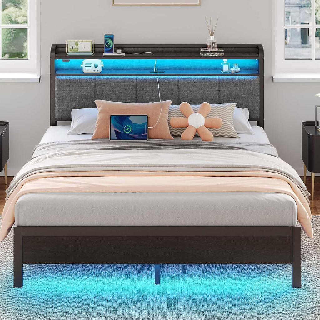 Rolanstar Queen Bed Frame with LED Lights, Upholstered Headboard, Charging Station, Storage Shelves, Heavy Duty Metal Slats, No Box Spring Needed, Noise Free, Easy Assembly, Dark Grey