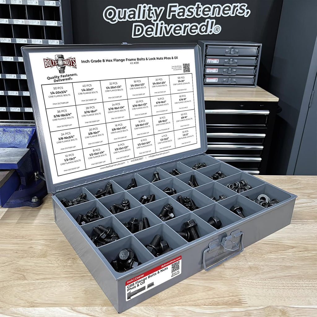 Inch Grade 8 Hex Flange Frame Bolts & Lock Nuts Phos & Oil Assortment - 693 PCS