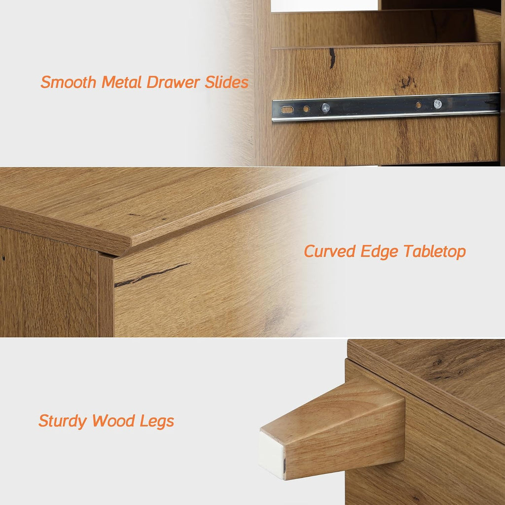 WAMPAT 3-Piece Bedroom Set - Modern Farmhouse Dresser & Nightstands with Charging Station, 6-Drawer Wood Chest & 2 Bedside Tables, Oak Brown Finish, Anti-Tip Safety Design