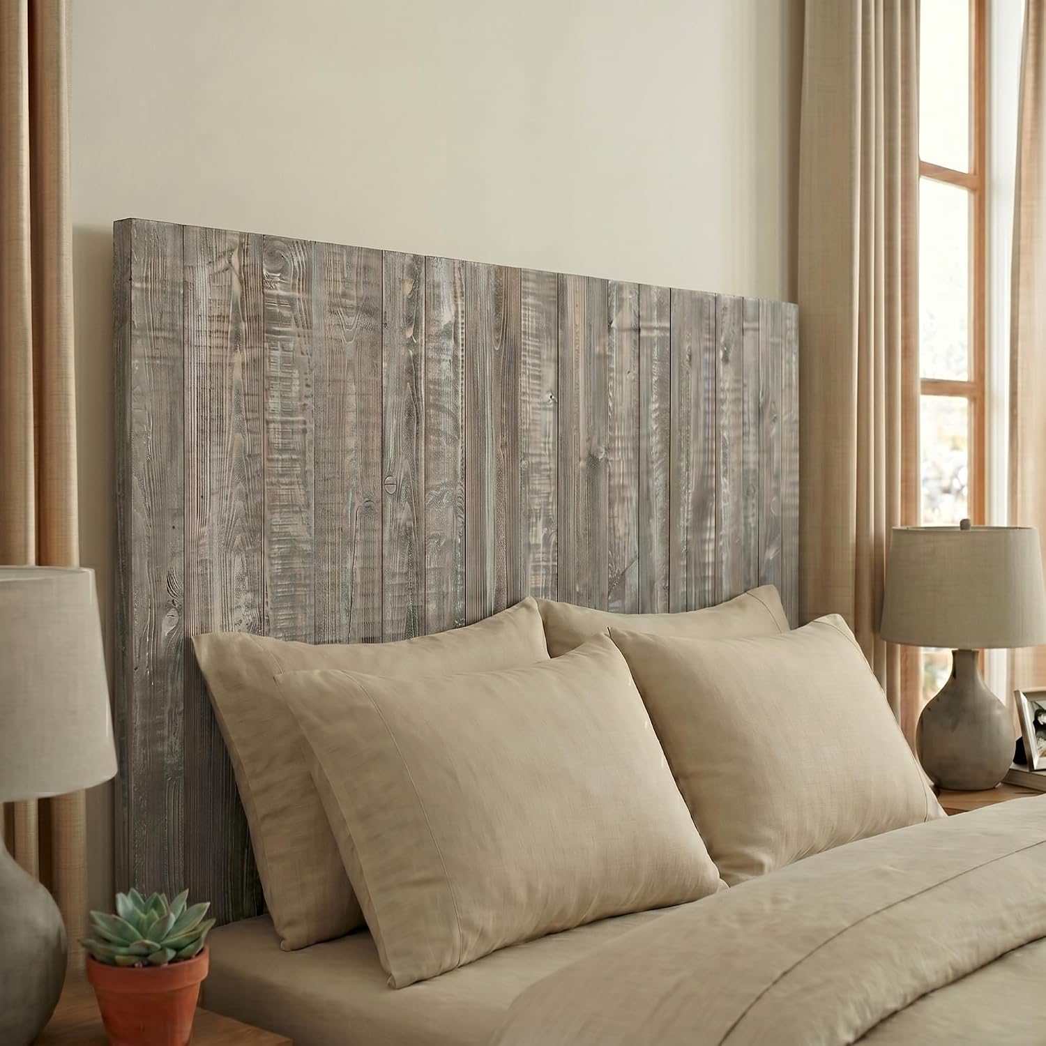 Barn Walls Queen Wood Headboard - Graywash Farmhouse Design - Wall Mounted Floating Headboard for Queen Size Bed - Handcrafted Solid Wood - Easy No-Drill Installation