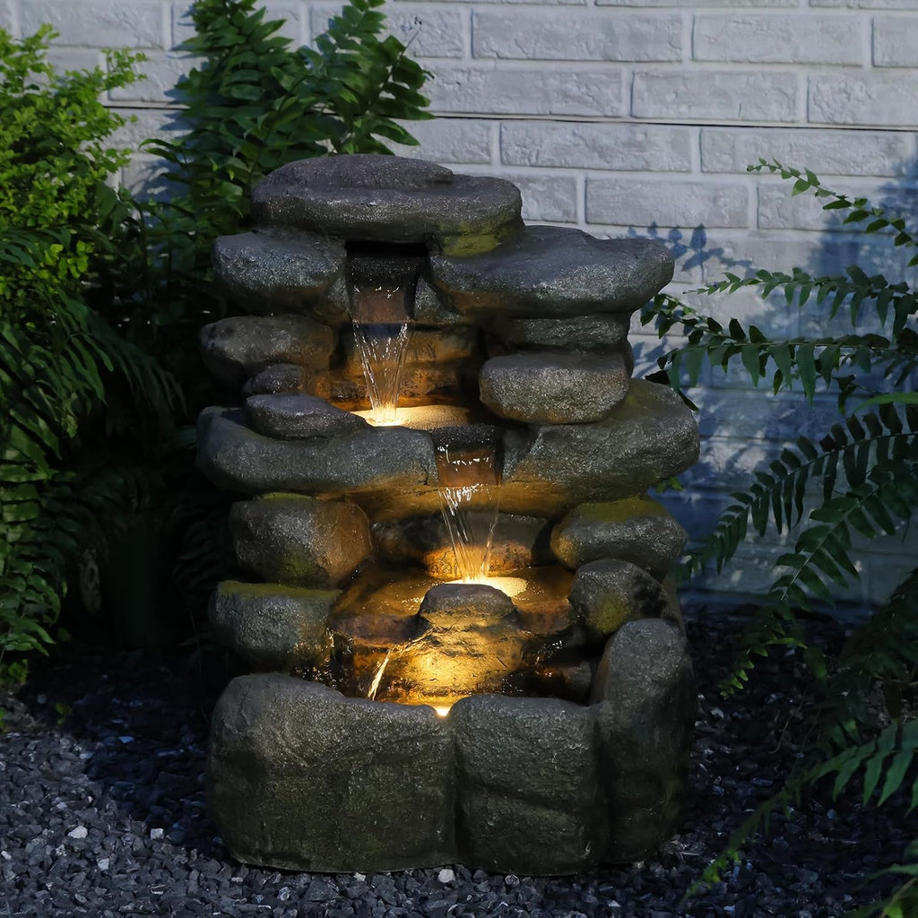 Bumilgar 23.4' H Garden Outdoor Rock Water Fountain with LED Lights, 4-Tier Cascading Waterfall Fountain, Faux Stone Resin Water Feature for Patio, Backyard & Home Decor