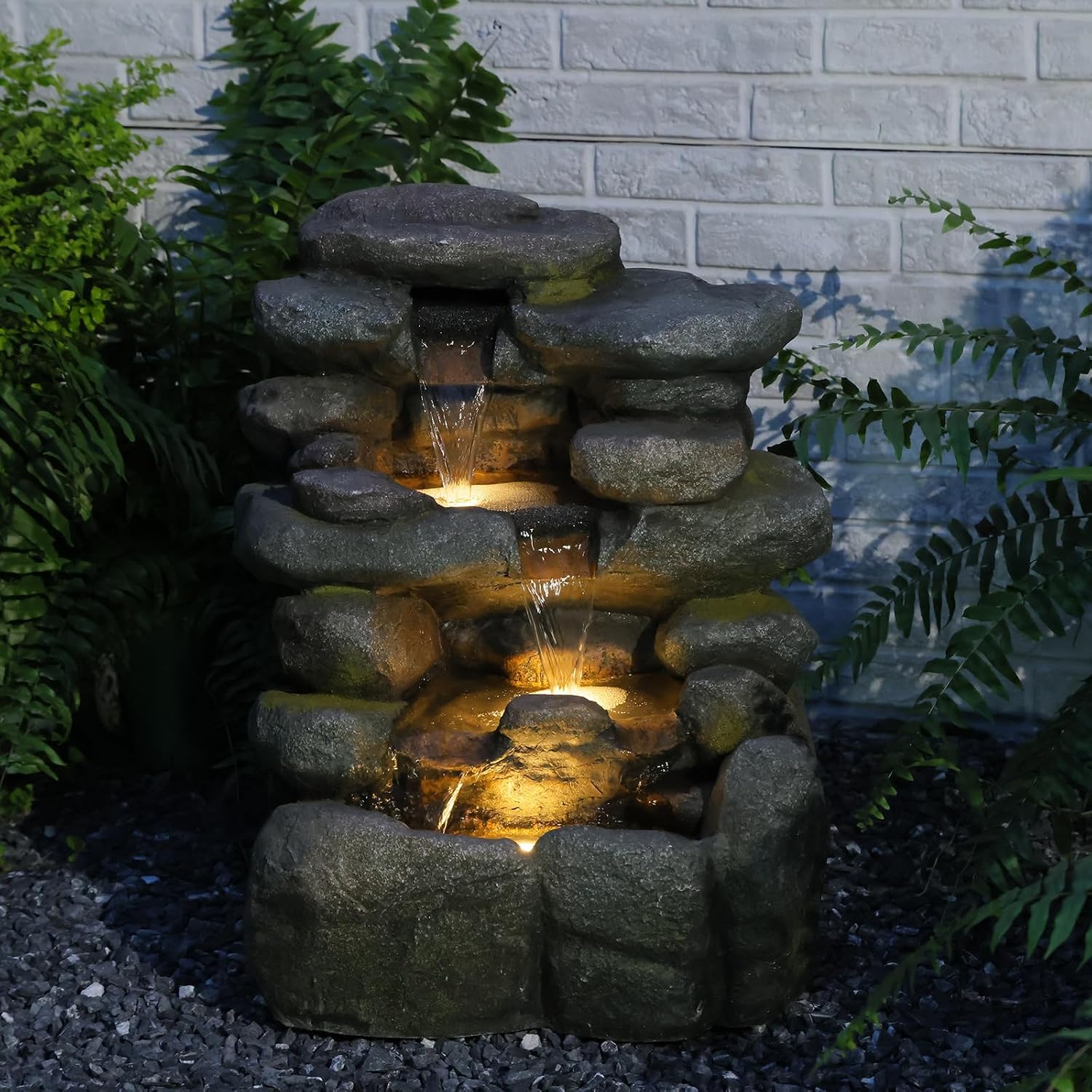 Bumilgar 23.4' H Garden Outdoor Rock Water Fountain with LED Lights, 4-Tier Cascading Waterfall Fountain, Faux Stone Resin Water Feature for Patio, Backyard & Home Decor