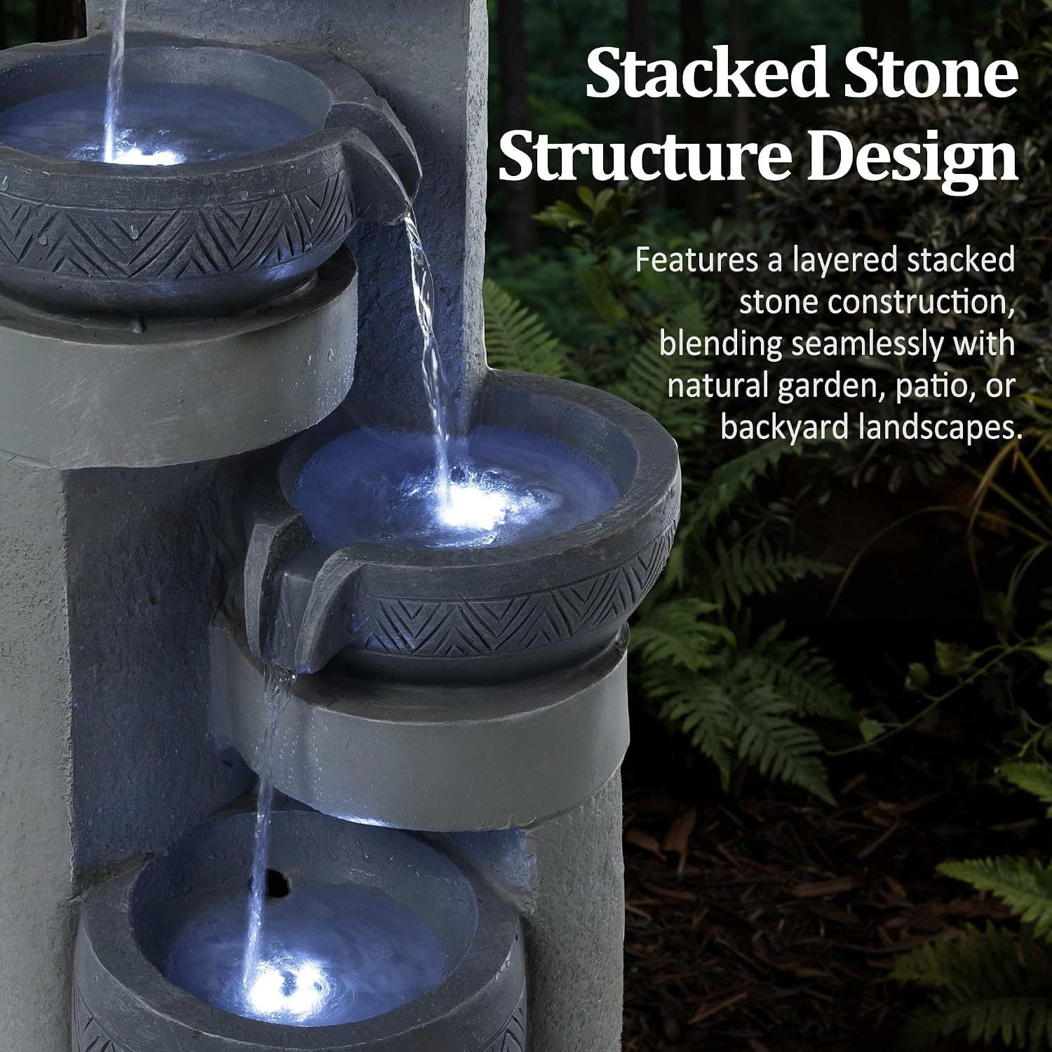 31.5' Tall Outdoor Water Fountain, 4 Tier Cascading Bowls and Stacked Water Fountain with LED Lights, for Yard Décor, Backyard, Patio and Deck (31.5'')