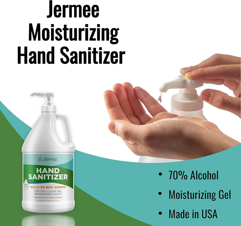 JERMEE Moisturizing Hand Sanitizer Gel, 70% Alcohol - Kills 99.99% Germs, Enhanced with Vitamin E and Aloe Vera - Crystal Clear Gel, Refreshing Scent, Made in USA - 1 Gallon 4 Pack