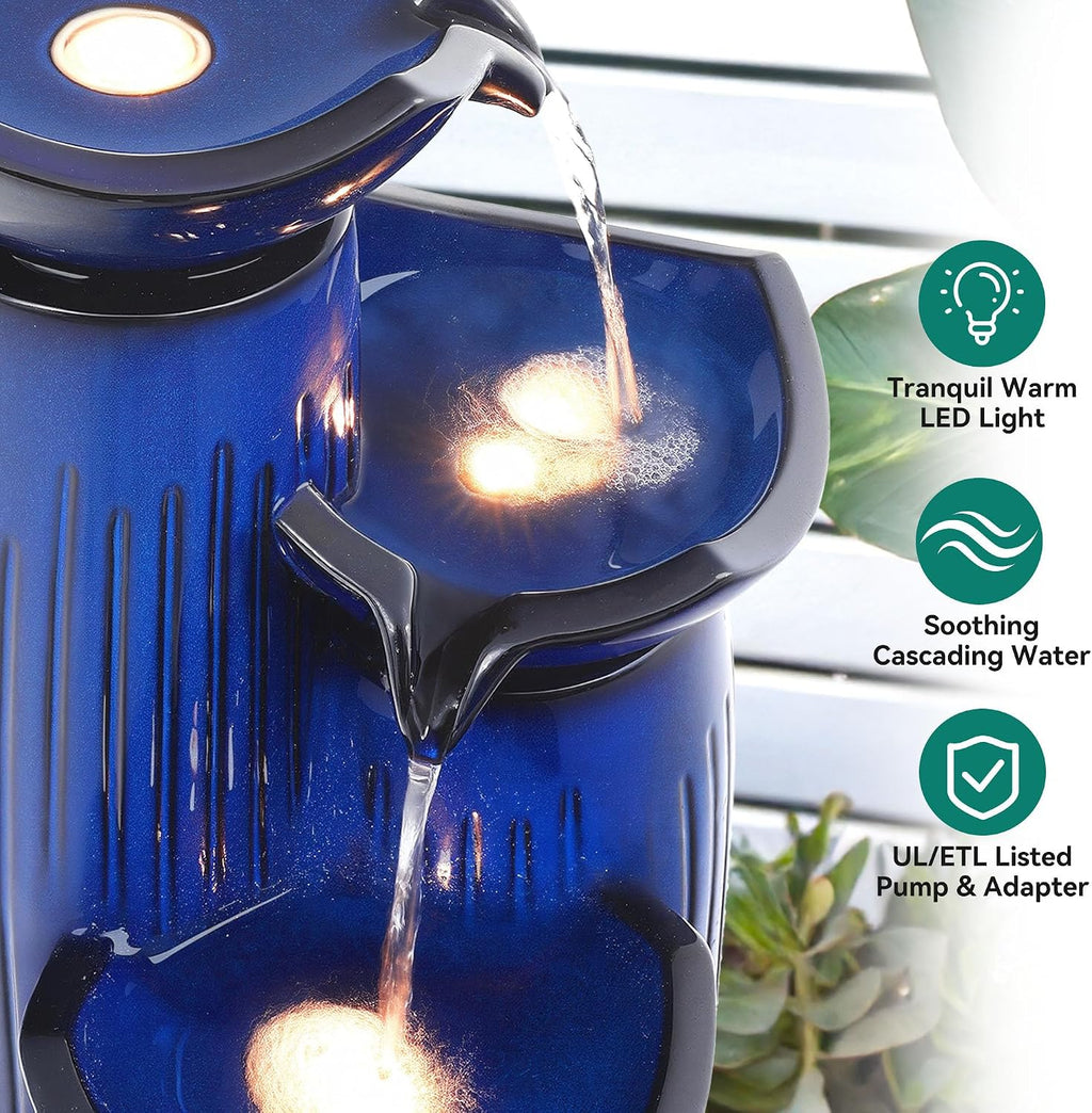 Modern Ceramic Outdoor Water Fountain with LED Lights, 30' 3-Tier Geometric Pedestal Water Feature with Fluted Texture, Relaxing Cascading Waterfalls for Garden Lawn Patio Yard Art Decor