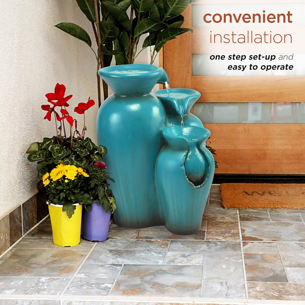 Alpine Corporation DIG246TUR 21' Outdoor 3-Tiered Pots Water Fountain – Cascading Ceramic Water Feature with Built-In Pump for Gardens, Patios, Yards, and Outdoor Décor, Turquoise