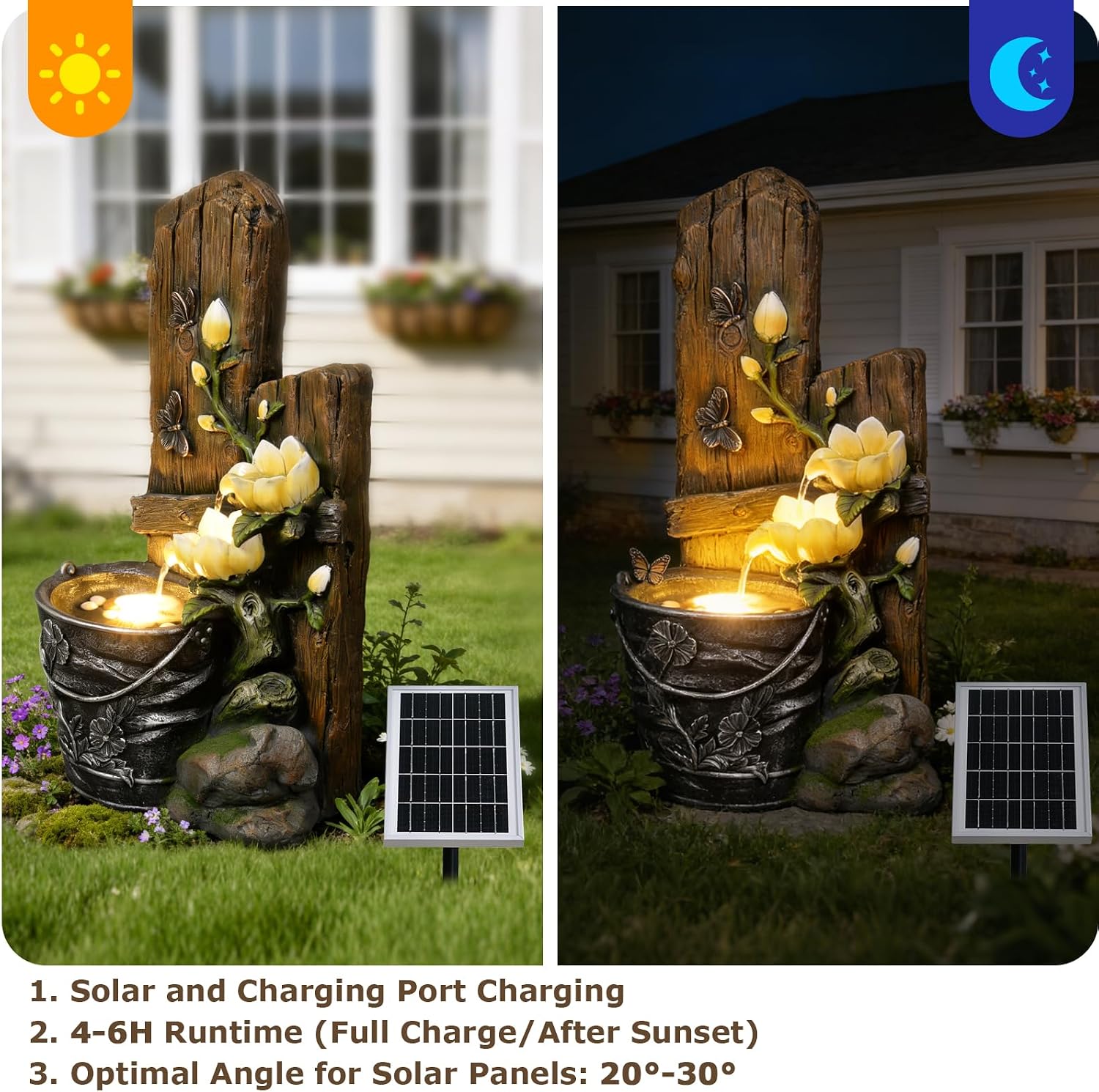 30.7' Tall Solar Water Fountain Outdoor Garden, 3 Tier Rustic Solar Powered Fountain Outdoor Faux Iron Bucket with LED Lights for Garden, Patio, Backyard, Deck, Porch, Yard