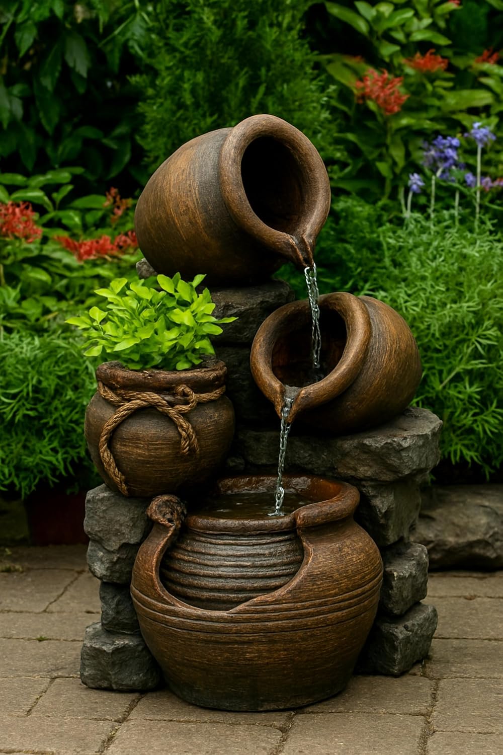 Jeco FCL055 Multi Pots Outdoor Water Fountain with Flower Pot, 12.6L x 13.4W x 23.6H, Multicolor