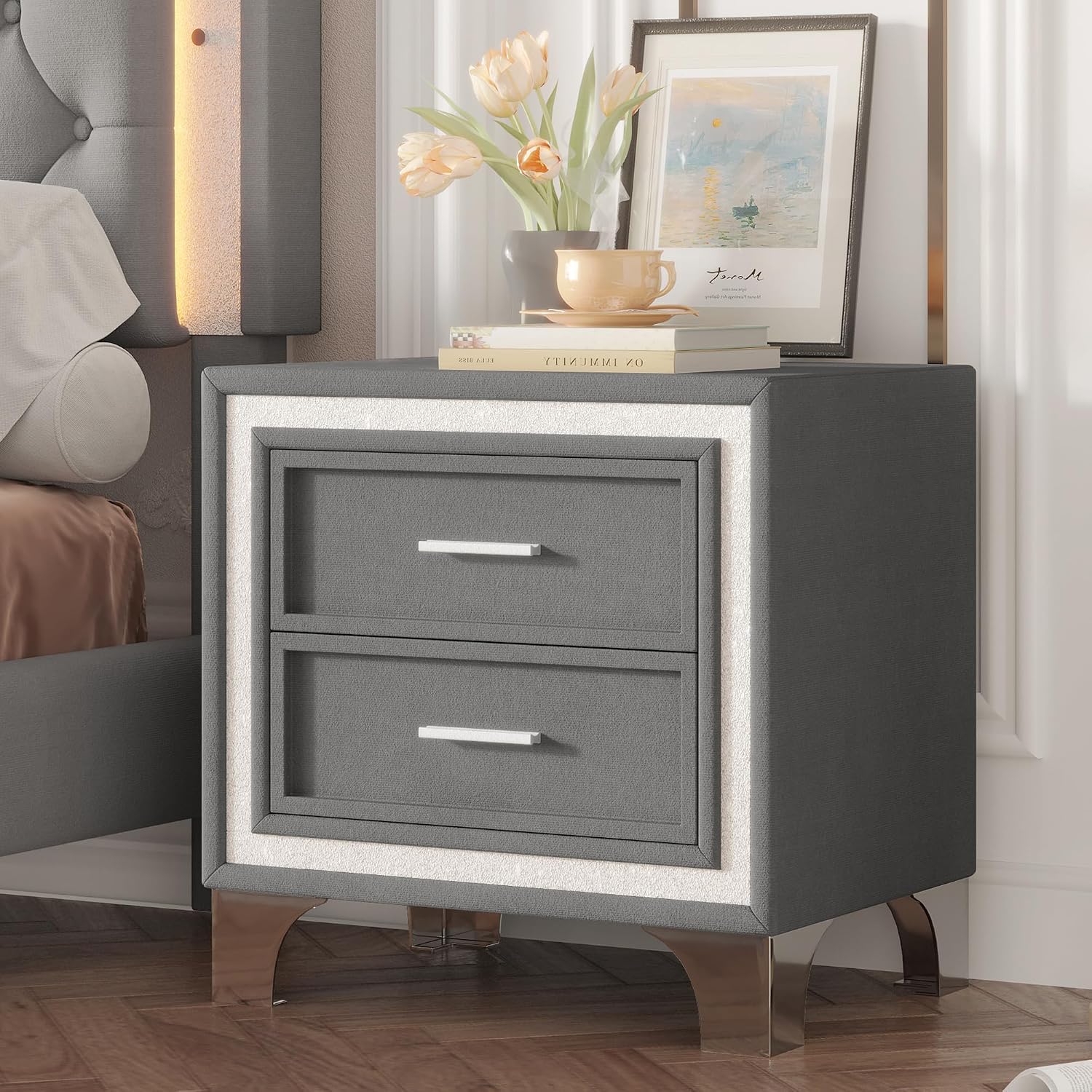 Linique 3-Pieces Bedroom Sets, Queen Size Velvet Upholstered Platform Bed Frame with LED Lights and Two Nightstands, Wooden Platform Bed with Button Tufted Headboard, Grey