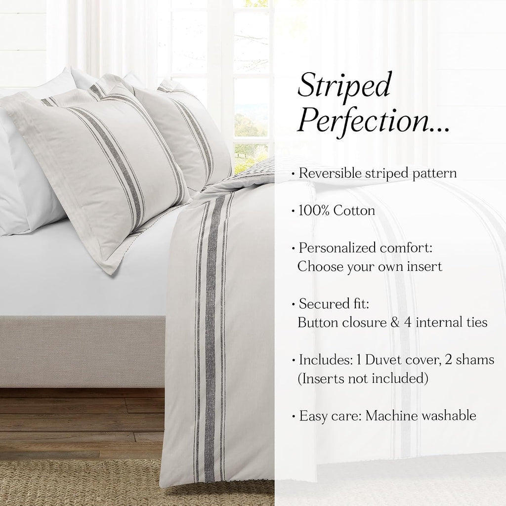 Lush Decor Farmhouse Stripe Reversible Cotton Duvet Cover King Size 3 Piece Set Gray - Farmhouse Bedding Set King - Striped Duvet Cover