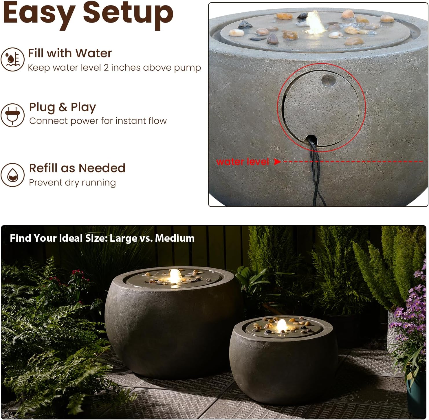 Tankana Garden Medium Water Fountain Outdoor Bubbler Water Feature Indoor with Lights & Pump and Pebbles Waterfall Fountains for Patio Deck Yard Home Decor Gray, 18 'L x 18' W x 11.5' H