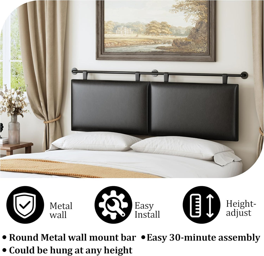 BSHOMGI King Size Headboard Wall Mount Headboard, PU Leather Head Board Only Black Hanging Head Boards, Industrial Pipe Modern Bed Backboard for Bedroom (Black, King) | PU Leather
