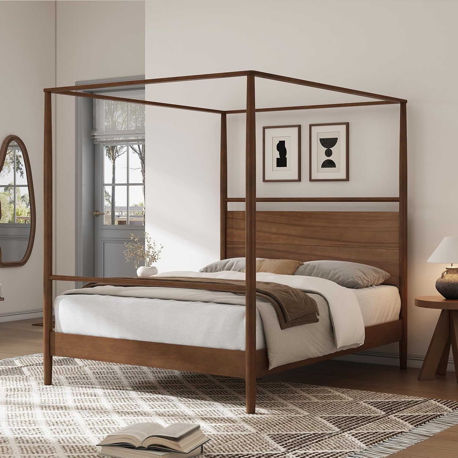Full Size Canopy Bed Frame with Headboard, Four-Poster Wood Platform Bed, No Box Spring Needed (Full)