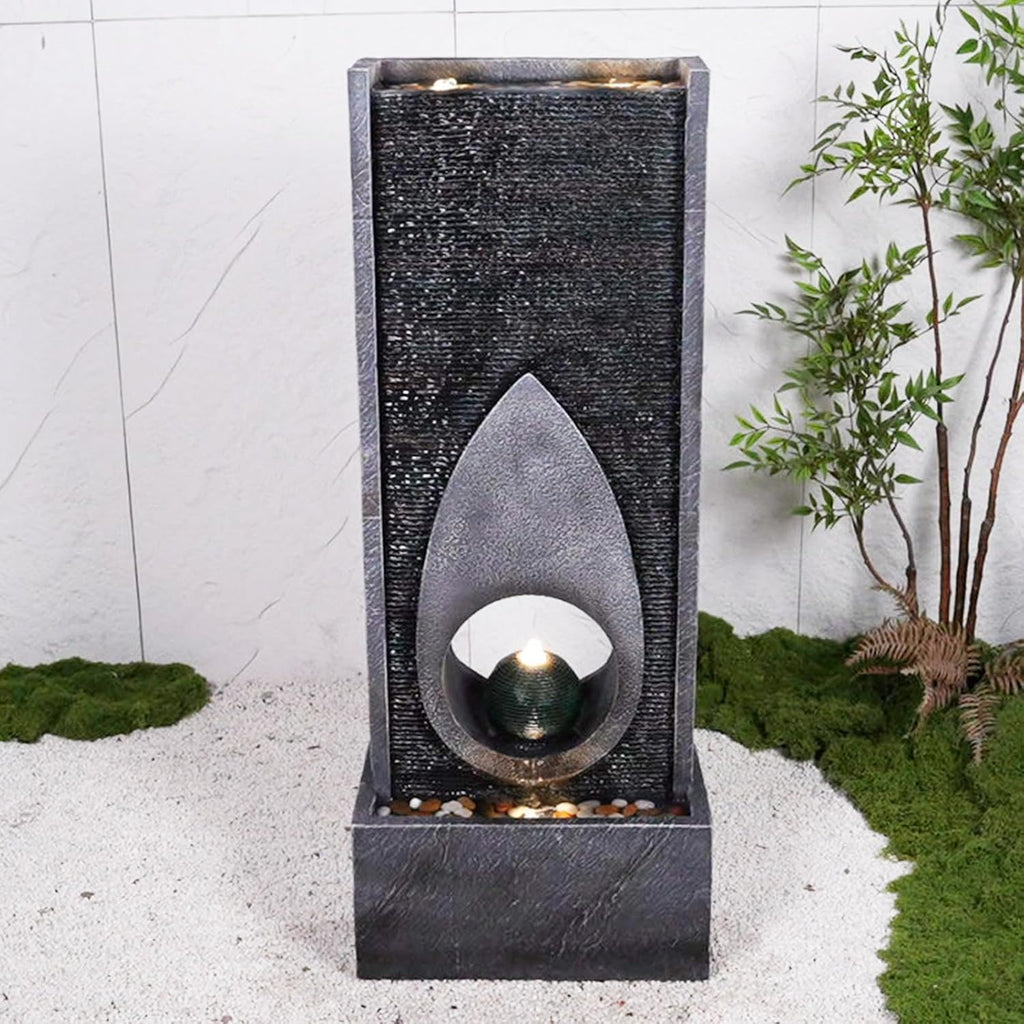 46.5''Tall Modern Water Fountain Indoor Outdoor Waterfall Feature Floor Standing with Sphere and LED Lights for Garden, Yard, Patio, Deck, Porch, Livingroom Decor