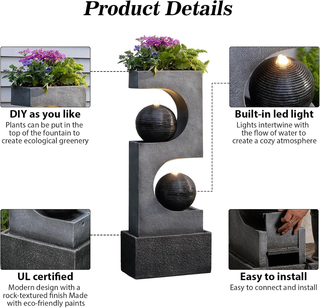 46''Tall Outdoor Water Fountain Water Garden Zen Fountains Indoor with Led Lights,Modern Sphere Curve for Garden Patio Yard Deck Home Decor Lawn Porch House